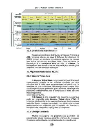 3.2.4. Um ambiente de distribuição
Há dois ambientes de distribuição principais: Primeiro, o
JRE, fornecido através do Java 2 Software Development Kit
(SDK), contém um conjunto completo de arquivos de classes
para todos pacotes de tecnologia Java. Outro ambiente de
distribuição é o navegador web, ou seja, o browser. Os
navegadores web atuais fornecem interpretação à tecnologia e
ambiente Java em tempo de execução.
3.3.Algumas características do Java
3.3.1. Máquina Virtual Java
A Máquina Virtual Java é uma máquina imaginária que é
implementada através de um software emulador em uma
máquina real. A JVM provê especificações de plataforma de
hardware na qual compila-se todo código de tecnologia Java.
Essas especificações permitem que o software Java seja uma
plataforma independente pois a compilação é feita por uma
máquina genérica
conhecida como JVM.
O bytecode é uma linguagem de máquina especial que
pode ser entendida pela Máquina Virtual Java (JVM). O
bytecode é independente de qualquer hardware de computador
particular.Assim, qualquer computador com o interpretador Java
pode executar um programa Java compilado, não importando
em que tipo de computador o programa foi compilado.
3.3.2. Garbage Collection
Muitas linguagens de programação permitem ao
programador alocar memória durante o tempo de execução.
Entretanto, após utilizar a memória alocada, deve existir uma
8228
 