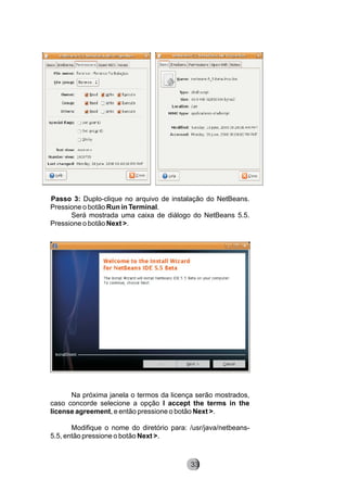 Passo 3: Duplo-clique no arquivo de instalação do NetBeans.
Pressione o botão Run in Terminal.
Será mostrada uma caixa de diálogo do NetBeans 5.5.
Pressione o botão Next >.
Na próxima janela o termos da licença serão mostrados,
caso concorde selecione a opção I accept the terms in the
license agreement, e então pressione o botão Next >.
Modifique o nome do diretório para: /usr/java/netbeans-
5.5, então pressione o botão Next >.
8233
 