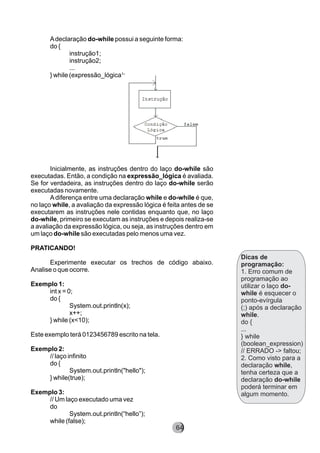 Dicas de
programação:
1. Erro comum de
programação ao
utilizar o laço do-
while é esquecer o
ponto-evírgula
(;) após a declaração
while.
do {
...
} while
(boolean_expression)
// ERRADO -> faltou;
2. Como visto para a
declaração while,
tenha certeza que a
declaração do-while
poderá terminar em
algum momento.
Adeclaração do-while possui a seguinte forma:
do {
instrução1;
instrução2;
...
} while (expressão_lógica);
Inicialmente, as instruções dentro do laço do-while são
executadas. Então, a condição na expressão_lógica é avaliada.
Se for verdadeira, as instruções dentro do laço do-while serão
executadas novamente.
Adiferença entre uma declaração while e do-while é que,
no laço while, a avaliação da expressão lógica é feita antes de se
executarem as instruções nele contidas enquanto que, no laço
do-while, primeiro se executam as instruções e depois realiza-se
a avaliação da expressão lógica, ou seja, as instruções dentro em
um laço do-while são executadas pelo menos uma vez.
PRATICANDO!
Experimente executar os trechos de código abaixo.
Analise o que ocorre.
Exemplo 1:
int x = 0;
do {
System.out.println(x);
x++;
} while (x<10);
Este exemplo terá 0123456789 escrito na tela.
Exemplo 2:
// laço infinito
do {
System.out.println("hello");
} while(true);
Exemplo 3:
// Um laço executado uma vez
do
System.out.println(“hello”);
while (false);
8264
 