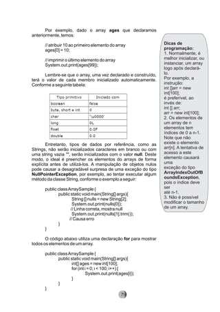 Dicas de
programação:
1. Normalmente, é
melhor inicializar, ou
instanciar, um array
logo após declará-
lo.
Por exemplo, a
instrução:
int []arr = new
int[100];
é preferível, ao
invés de:
int [] arr;
arr = new int[100];
2. Os elementos de
um array de n
elementos tem
índices de 0 a n-1.
Note que não
existe o elemento
arr[n]. A tentativa de
acesso a este
elemento causará
uma
exceção do tipo
ArrayIndexOutOfB
oundsException,
pois o índice deve
ser
até n-1.
3. Não é possível
modificar o tamanho
de um array.
Por exemplo, dado o array ages que declaramos
anteriormente, temos:
// atribuir 10 ao primeiro elemento do array
ages[0] = 10;
// imprimir o último elemento do array
System.out.print(ages[99]);
Lembre-se que o array, uma vez declarado e construído,
terá o valor de cada membro inicializado automaticamente.
Conforme a seguinte tabela:
Entretanto, tipos de dados por referência, como as
Strings, não serão inicializados caracteres em branco ou com
uma string vazia "", serão inicializados com o valor null. Deste
modo, o ideal é preencher os elementos do arrays de forma
explícita antes de utilizá-los. A manipulação de objetos nulos
pode causar a desagradável surpresa de uma exceção do tipo
NullPointerException, por exemplo, ao tentar executar algum
método da classe String, conforme o exemplo a seguir:
public classArraySample {
public static void main(String[] args){
String [] nulls = new String[2];
System.out.print(nulls[0]);
// Linha correta, mostra null
System.out.print(nulls[1].trim());
// Causa erro
}
}
O código abaixo utiliza uma declaração for para mostrar
todos os elementos de um array.
public classArraySample {
public static void main(String[] args){
int[] ages = new int[100];
for (int i = 0; i < 100; i++) {
System.out.print(ages[i]);
}
}
}
8279
 
