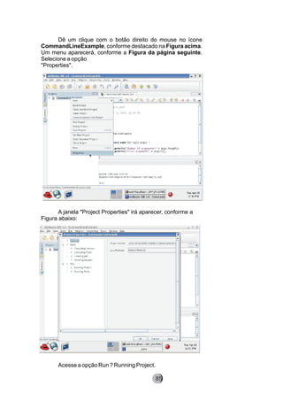 Dê um clique com o botão direito do mouse no ícone
CommandLineExample, conforme destacado na Figura acima.
Um menu aparecerá, conforme a Figura da página seguinte.
Selecione a opção
"Properties".
A janela "Project Properties" irá aparecer, conforme a
Figura abaixo:
Acesse a opção Run ? Running Project.
85
 