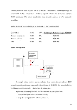 contabilizasse um custo indireto real de R$ 810.000, a mesma teria uma subaplicação no
valor de R$ 50.000 a ser ajustada a partir da seguinte informação: A empresa fabricou
38.000 unidades, 80% foram transferidas para produto acabado e 60% realmente
vendidas.
Rateio da ∆ do CIF – subaplicação de R$ 50.000 – Caso fosse relevante
Quantidade 38.000 100% Distribuição da Subaplicação R$ 50.000
Produto em processo 7.600 20% R$ 10.000
Produto acabado 12.160 32% R$ 16.000
CPV 18.240 48% R$ 24.000
Atente para o gráfico:
O exemplo acima mostrou que a produção ficou aquém do esperado em 2.000
unidades, ocasionando uma capacidade não utilizada de R$ 40.000 dos custos indiretos
de fabricação (2.000 unidades x R$ 20 (taxa de aplicação)).
Algumas conclusões podem ser tiradas com base no exemplo, como:
a. o orçamento pode ter sido subestimado ou;
b. os gastos reais podem ter sido excessivos ou.
800.000
760.000
38.000 40.000
Variação da
Capacidade
Produtiva
OCIOSA
Custo da
Capacidade
OCIOSA
20
 