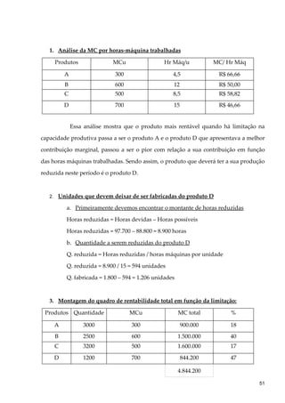 1. Análise da MC por horas-máquina trabalhadas
Produtos MCu Hr Máq/u MC/ Hr Máq
A 300 4,5 R$ 66,66
B 600 12 R$ 50,00
C 500 8,5 R$ 58,82
D 700 15 R$ 46,66
Essa análise mostra que o produto mais rentável quando há limitação na
capacidade produtiva passa a ser o produto A e o produto D que apresentava a melhor
contribuição marginal, passou a ser o pior com relação a sua contribuição em função
das horas máquinas trabalhadas. Sendo assim, o produto que deverá ter a sua produção
reduzida neste período é o produto D.
2. Unidades que devem deixar de ser fabricadas do produto D
a. Primeiramente devemos encontrar o montante de horas reduzidas
Horas reduzidas = Horas devidas – Horas possíveis
Horas reduzidas = 97.700 – 88.800 = 8.900 horas
b. Quantidade a serem reduzidas do produto D
Q. reduzida = Horas reduzidas / horas máquinas por unidade
Q. reduzida = 8.900 / 15 = 594 unidades
Q. fabricada = 1.800 – 594 = 1.206 unidades
3. Montagem do quadro de rentabilidade total em função da limitação:
Produtos Quantidade MCu MC total %
A 3000 300 900.000 18
B 2500 600 1.500.000 40
C 3200 500 1.600.000 17
D 1200 700 844.200 47
4.844.200
51
 