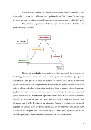 Saber avaliar o ciclo de vida do produto é de fundamental importância para
a formação do preço de venda do mesmo, pois conforme Assef (idem) “a cada etapa
corresponde uma estratégia mercadológica e, consequentemente, de precificação” (p.5).
Uma pirâmide representaria de forma muito prática as etapas de vida de um
produto/serviço, vejamos:
Na fase de introdução no mercado, o produto precisa de investimentos em
marketing, pesquisas e outros para que o mesmo possa ser reconhecido pelo público
consumidor. Com gastos são altos e o volume de vendas ainda baixo, os resultados
podem ser desfavoráveis. No período de crescimento, os gastos anteriormente feitos
estão sendo amortizados, os investimentos feitos visam a manutenção da imagem do
produto, o volume de vendas apresenta-se em constante crescimento e a margem de
ganho é favorável. Na maturidade, o produto está no ápice do seu reconhecimento no
mercado consumidor, o preço de venda certamente já atingiu seu patamar mais
elevado, é um período de máxima lucratividade. Quando o produto entra na fase de
declínio, as vendas caem de forma acentuada, os investimentos são praticamente
eliminados e a margem de lucro torna-se negativa. Nesta fase, o produto deverá ser
mantido apenas para financiar outros que estejam em fase de expansão.
Crescimento
Maturidade
Declínio
Introdução
Quantidade
Tempo
57
 