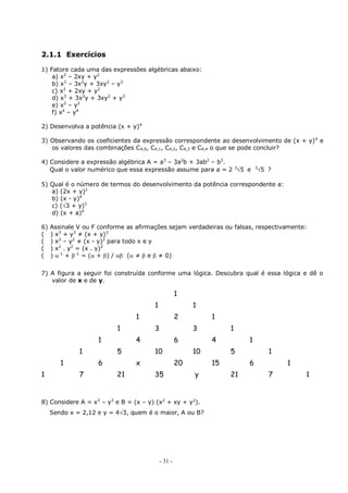 - 31 -
2.1.1 Exercícios
1) Fatore cada uma das expressões algébricas abaixo:
a) x2
– 2xy + y2
b) x3
– 3x2
y + 3xy2
– y3
c) x2
+ 2xy + y2
d) x3
+ 3x2
y + 3xy2
+ y3
e) x2
– y2
f) x4
– y4
2) Desenvolva a potência (x + y)4
3) Observando os coeficientes da expressão correspondente ao desenvolvimento de (x + y)4
e
os valores das combinações C4,0, C4,1, C4,2, C4,3 e C4,4 o que se pode concluir?
4) Considere a expressão algébrica A = a3
– 3a2
b + 3ab2
– b3
.
Qual o valor numérico que essa expressão assume para a = 2 3
5 e 3
5 ?
5) Qual é o número de termos do desenvolvimento da potência correspondente a:
a) (2x + y)2
b) (x - y)4
c) (3 + y)3
d) (x + a)4
6) Assinale V ou F conforme as afirmações sejam verdadeiras ou falsas, respectivamente:
( ) x3
+ y3
≠ (x + y)3
( ) x2
– y2
≠ (x - y)2
para todo x e y
( ) x2
. y2
= (x . y)2
( ) -1
+ -1
= ( + ) /  ( ≠  e  ≠ 0)
7) A figura a seguir foi construída conforme uma lógica. Descubra qual é essa lógica e dê o
valor de x e de y.
1
1 1
1 2 1
1 3 3 1
1 4 6 4 1
1 5 10 10 5 1
1 6 x 20 15 6 1
1 7 21 35 y 21 7 1
8) Considere A = x3
– y3
e B = (x – y) (x2
+ xy + y2
).
Sendo x = 2,12 e y = 43, quem é o maior, A ou B?
 