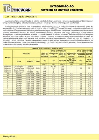 30 75
75,5
74,4
73,3
76,2
75,0
73,8
72,6
75,4
73,8
75,2
73,3
74,4
Cabeceira
Cabeceira
Cabeceira
Cabeceira
12
970-E30dB
1010-F
RGC-59
1064-30
TABELA DO CÁLCULO DO NÍVEL DE SINAL
ANDAR
PRODUTO
SINAL NA PRUMADA SINAL NO PONTO DE
NÍVEL DE
SINAL NA
ENTRADA
ATENUAÇÃO
DE
PASSAGEM
NÍVEL DE
SINAL NA
SAÍDA
NÍVEL DE
SINAL NA
TV
ATENUAÇÃO
NO CABO
COAXIAL
ATENUAÇÃO
LINHA PARA
TOMADA
TIPO
VE AP
VTV=
VE - ALT
ALTVS=VE-AP
ACC=AC.d
AC=0,2dB/m
(d=3M)
Amplificador
Ponto de Teste
Divisor 4 saída
Cabo Coaxial
Tomada
Tomada
Tomada
Tomada
Tomada
Tomada
Tomada
Tomada
Tomada
Tomada
Tomada
Tomada
ITEM CÓDIGO
(dB V)m (dB V)m (dB V)m(dB) (dB) (dB)
970-E20dB
970-E20dB
970-E20dB
970-E16dB
970-E16dB
970-E16dB
970-E16dB
970-E12dB
970-E12dB
970-E9dB
970-E9dB
970-E6dB
11
10
9
8
7
6
5
4
3
2
1
30dB
10m
20dB
20dB
20dB
16dB
16dB
16dB
16dB
12dB
12dB
9dB
9dB
6dB
78
105
104,5
97,5
95,5
94,4
93,3
92,2
91,0
89,8
88,6
87,4
85,8
84,2
82,3
80,4
G= -27
0,5
7
2
0,5
0,5
0,5
0,6
0,6
0,6
0,6
1,0
1,0
1,3
1,3
2,2
105
104,5
97,5
95,5
95,0 0,6
0,6
0,6
0,6
0,6
0,6
0,6
0,6
0,6
0,6
0,6
0,6
93,9
92,8
91,6
90,4
89,2
88,0
86,4
84,8
82,9
81,0
78,2
20
-- -
--
-
-
-- -
20
20
16
16
16
16
12
12
9
9
6
Antenas/CATV-16-
3.23 - VERIFICAÇÃO DO PROJETO
Agora vamos fazer uma verificação da coletiva projetada. Este procedimento é o mesmo que se usa quando o instalador
chega numa instalação já feita e é preciso calcular qual é o nível que deveria ser entregue em cada tomada.
Começamos com o nível de sinal na entrada do amplificador V = 78dB V. Somando a este nível o ganho do
Amplificador G =27dB, obtemos o valor do nível do sinal na saída V = 105dB V. Esta é a primeira linha da tabela. Na
linha seguinte da tabela temos a tomada do ponto de teste, depois vem o divisor e a perda nos 10m de cabo coaxial que unem
o divisor à tomada do andar 12. Na entrada da tomada do andar 12, o nível de sinal é V (12)=95,5dB V. O nível de sinal
entregue para a TV nos apartamentos do andar 12 é o nível presente na entrada da tomada menos a atenuação da linha para
a tomada, V (12) = V (12) - A (12) = 95,5dB V - 20dB = 75,5dB V. Já no sinal que segue para os andares de baixo, ao
passar pela tomada, ocorre uma perda de sinal devido a atenuação de passagem da tomada V (12) = V (12) - A (12) =
95,5dB V - 0,5dB = 95dB V. Da saída da tomada do andar 12 até a entrada da tomada no andar 11 (na linha de baixo da
tabela) existe a perda em 3 m de cabo coaxial. Portanto V (11) = V (12) -A = 95dB V - 0,6dB = 94,4 dB V. Repete-se este
procedimento até chegar à última linha da tabela.
ENTRADA
AMP AMP
E
TV E LT
S E P
E S CC
m
m
m
m m
m m
m m
INTRODUÇÃO AO
SISTEMA DE ANTENA COLETIVA
 