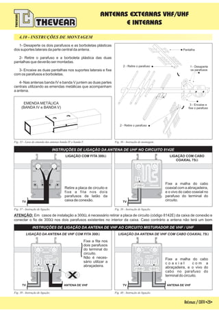 2 - Retire o parafuso
Pantalha
2 - Retire o parafuso
1 - Desaperte
os parafusos
3 - Encaixe e
fixe o parafuso
Antenas/CATV-29-
4.10 - INSTRUÇÕES DE MONTAGEM
1- Desaperte os dois parafusos e as borboletas plásticas
dos suportes laterais da parte central da antena.
2- Retire o parafuso e a borboleta plástica das duas
pantalhas que deverão ser montadas.
3- Encaixe as duas pantalhas nos suportes laterais e fixe
com os parafusos e borboletas.
4- Nas antenas banda IV e banda V juntem as duas partes
centrais utilizando as emendas metálicas que acompanham
a antena.
ATENÇÃO: Em casos de instalação a 300 é necessário retirar a placa de circuito (código 8142E) da caixa de conexão e
conectar o fio de 300 nos dois parafusos existentes no interior da caixa. Caso contrário a antena não terá um bom
W,
W
EMENDA METÁLICA
(BANDA IV e BANDA V)
Fig. 36 - Instrução de montagem.
Fig. 40 - Instrução de ligação.
Fig. 38 - Instrução de ligação.
Fig. 39 - Instrução de ligação.
Fig. 37 - Instrução de ligação.
Fig. 35 - Luva de emenda das antenas banda IV e banda V.
Retire a placa de circuito e
fixe a fita nos dois
parafusos de latão da
caixa de conexão.
LIGAÇÃO COM FITA 300W
INSTRUÇÕES DE LIGAÇÃO DA ANTENA DE UHF NO CIRCUITO 8142E
LIGAÇÃO DA ANTENA DE VHF COM FITA 300W
INSTRUÇÕES DE LIGAÇÃO DA ANTENA DE VHF AO CIRCUITO MISTURADOR DE VHF / UHF
TV
Fixe a malha do cabo
coaxial com a abraçadeira,
e o vivo do cabo coaxial no
parafuso do terminal do
circuito.
LIGAÇÃO COM CABO
COAXIAL 75W
TV
ANTENA DE VHFTV
LIGAÇÃO DA ANTENA DE VHF COM CABO COAXIAL 75W
Fixe a malha do cabo
c o a x i a l c o m a
abraçadeira, e o vivo do
cabo no parafuso do
terminal do circuito.
ANTENA DE VHFTV
Fixe a fita nos
dois parafusos
do terminal do
circuito.
Não é neces-
sário utilizar a
abraçadeira.
ANTENAS EXTERNAS VHF/UHF
E INTERNAS
814-5E
83000113
75VHFS
83000232
814-2E
814-5E
83000113
75VHFS
X
 