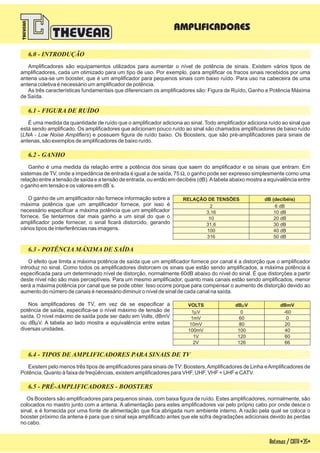 Antenas/CATV-35-
6.0 - INTRODUÇÃO
6.1 - FIGURA DE RUÍDO
6.2 - GANHO
6.3 - POTÊNCIA MÁXIMA DE SAÍDA
6.4 - TIPOS DE AMPLIFICADORES PARA SINAIS DE TV
Amplificadores são equipamentos utilizados para aumentar o nível de potência de sinais. Existem vários tipos de
amplificadores, cada um otimizado para um tipo de uso. Por exemplo, para amplificar os fracos sinais recebidos por uma
antena usa-se um booster, que é um amplificador para pequenos sinais com baixo ruído. Para uso na cabeceira de uma
antena coletiva é necessário um amplificador de potência.
As três características fundamentais que diferenciam os amplificadores são: Figura de Ruído, Ganho e Potência Máxima
de Saída.
É uma medida da quantidade de ruído que o amplificador adiciona ao sinal. Todo amplificador adiciona ruído ao sinal que
está sendo amplificado. Os amplificadores que adicionam pouco ruído ao sinal são chamados amplificadores de baixo ruído
( ) e possuem figura de ruído baixo. Os Boosters, que são pré-amplificadores para sinais de
antenas, são exemplos de amplificadores de baixo ruído.
LNA - Low Noise Amplifiers
Ganho é uma medida da relação entre a potência dos sinais que saem do amplificador e os sinais que entram. Em
sistemas de TV, onde a impedância de entrada é igual a de saída, 75 , o ganho pode ser expresso simplesmente como uma
relação entre a tensão de saída e a tensão de entrada, ou então em decibéis (dB).Atabela abaixo mostra a equivalência entre
o ganho em tensão e os valores em dB´s.
W
O efeito que limita a máxima potência de saída que um amplificador fornece por canal é a distorção que o amplificador
introduz no sinal. Como todos os amplificadores distorcem os sinais que estão sendo amplificados, a máxima potência é
especificada para um determinado nível de distorção, normalmente 60dB abaixo do nível do sinal. É que distorções a partir
deste nível não são mais perceptíveis. Para um mesmo amplificador, quanto mais canais estão sendo amplificados, menor
será a máxima potência por canal que se pode obter. Isso ocorre porque para compensar o aumento de distorção devido ao
aumento do número de canais é necessário diminuir o nível de sinal de cada canal na saída.
Existem pelo menos três tipos de amplificadores para sinais de TV: Boosters,Amplificadores de Linha eAmplificadores de
Potência. Quanto à faixa de freqüências, existem amplificadores para VHF, UHF, VHF + UHF e CATV.
AMPLIFICADORES
RELAÇÃO DE TENSÕES
2 6 dB
3,16 10 dB
10 20 dB
31,6 30 dB
100
316
40 dB
50 dB
dB (decibéis)
VOLTS
1 Vm 0 -60
1mV 60 0
10mV 80 20
100mV 100 40
1V 120 60
2V 126 66
dB Vm dBmV
Os Boosters são amplificadores para pequenos sinais, com baixa figura de ruído. Estes amplificadores, normalmente, são
colocados no mastro junto com a antena. A alimentação para estes amplificadores vai pelo próprio cabo por onde desce o
sinal, e é fornecida por uma fonte de alimentação que fica abrigada num ambiente interno. A razão pela qual se coloca o
booster próximo da antena é para que o sinal seja amplificado antes que ele sofra degradações adicionais devido às perdas
no cabo.
6.5 - PRÉ-AMPLIFICADORES - BOOSTERS
O ganho de um amplificador não fornece informação sobre a
máxima potência que um amplificador fornece, por isso é
necessário especificar a máxima potência que um amplificador
fornece. Se tentarmos dar mais ganho a um sinal do que o
amplificador pode fornecer, o sinal ficará distorcido, gerando
vários tipos de interferências nas imagens.
Nos amplificadores de TV, em vez de se especificar a
potência de saída, especifica-se o nível máximo de tensão de
saída. O nível máximo de saída pode ser dado em Volts, dBmV
ou dB V. A tabela ao lado mostra a equivalência entre estas
diversas unidades.
m
 