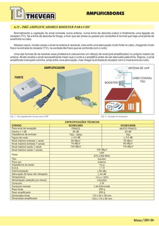 Antenas/CATV-39-
6.11 - PRÉ-AMPLIFICADORES BOOSTER PARA UHF
AMPLIFICADORES
Fig. 5 - Pré-amplificador booster para UHF
FONTE
AMPLIFICADOR
Fig. 6 - Exemplo de instalação
CÓDIGO
ESPECIFICAÇÕES TÉCNICAS
R.O.E.
Figura de ruído
Nível máximo entrada 1 canal
Nível máximo saída 1 canal
Nível máximo entrada 7 canais
Nível máximo saída 7 canais
Intermodulação
Dimensões fonte
Dimensões amplificador
Consumo mensal
Consumo
Alimentação (seleção por chave)
Temperatura
Atenuação de faixa não desejada
Peso amplificador
Peso fonte
Faixa
Ganho ± 1 dB
Para sinal de recepção
Para uso
Tipo
Impedância de entrada
Impedância de saída
470 a 900 MHz
UHF
> 40 dB
120 dB Vm 118 dB Vm
> 60 dBc
110 x 90 x 36 mm
125 x 115 x 90 mm
1,44 KW.h/mês
2 W
-10 a + 50ºC
200 g
250 g
externo
booster
< 1,5
110/220V
75 - 300W W
8235ECABO 8235EC40DB
< 4,5 dB
FRACO
< 3,5 dB
MUITO FRACO
94 dB Vm 78 dB Vm
74 dB Vm 60 dB Vm
100 dB Vm
75W
75 W
26 dB 40 dB
Normalmente a captação do sinal consiste numa antena, numa linha de descida (cabo) e finalmente uma ligação do
receptor (TV). Se a linha de descida for longa, e tiver que ser presa ou passar por conduites é normal que haja uma perda de
sinal forte no cabo.
Nesses casos, muitas vezes o sinal na antena é razoável, mas sofre uma atenuação muito forte no cabo, chegando muito
fraco na entrada do receptor (TV), na verdade tão fraco que se confunde com o ruído.
Uma das formas de se resolver esse problema é colocarmos um reforço de sinal (pré-amplificador) no próprio mastro da
antena.Ali ele recebe o sinal razoavelmente maior que o ruído e o amplifica antes de ser atenuado pela linha. Depois, o sinal
amplificado é lançado na linha, onde sofre uma atenuação, mas chega na entrada do receptor com o nível acima do ruído.
ANTENA DE UHF
BOOSTER
FONTE
CABO COAXIAL
75W
 
