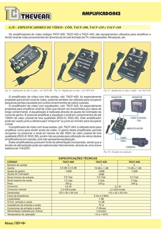 Fig. 26 - Exemplo de instalação
Antenas/CATV-46-
6.18 - AMPLIFICADORES DE VÍDEO - CÓD. TACF-400, TACF-420 e TACF-440
Fig. 23 - Amplificador de vídeo 3 saídas - cód. TACF-400 Fig. 25 - Amplificador de vídeo 2 saídas - cód. TACF-440Fig. 24 - Amplificador de vídeo - cód. TACF-420
Os amplificadores de vídeo códigos TACF-400, TACF-420 e TACF-440, são equipamentos utilizados para amplificar e
dividir sinal de vídeo provenientes de câmeras de circuito fechado deTV, videocassetes, filmadoras, etc.
O amplificador de vídeo com três saídas, cód. TACF-400, foi especialmente
projetado para dividir sinal de vídeo, podendo também ser utilizado para recuperar
pequenas perdas causadas por curtos comprimentos de cabos coaxiais.
O amplificador de vídeo com equalizador, cód. TACF-420, foi especialmente
projetada para amplificar sinal de vídeo que devem ser transmitidos por cabos de
longo comprimento. A equalização é realizada através do ajuste de inclinação da
curva de ganho. É possível amplificar e equalizar o sinal em comprimentos de até
1000m de cabo coaxial de boa qualidade (RGC-6, RGC-59). Este amplificador
pode ser usado junto a câmera para "empurrar" ou junto ao monitor para recuperar
o sinal.
O amplificador de vídeo com duas saídas, cód. TACF-440, é utilizado tanto para
amplificar como para dividir sinais de vídeo. O ganho deste amplificador permite
recuperar ou empurrar o sinal em lances de até 300m de cabo coaxial de boa
qualidade (RGC-6, RGC-59), porém não se presta para utilização de vários destes
amplificadores em cascata, pois não apresenta equalização.
Estes amplificadores possuem fonte de alimentação incorporada, sendo que a
tensão de alimentação pode ser selecionada internamente, através de uma chave
seletora de 110/220V.
AMPLIFICADORES
MONITOR MONITOR
CÂMERA
AMPLIFICADOR
CABO
200m
CABO COAXIAL
75W
ESPECIFICAÇÕES TÉCNICAS
CÓDIGO
Ajuste de ganho
Ajuste de inclinação
R.O.E. entrada e saída
Nível mínimo de entrada
Nível máximo de saída
Impedância de entrada e saída
Temperatura de operação
Consumo
Consumo mensal
Conectores de entrada e saída
Dimensões
Alimentação (seleção por chave)
Peso
Faixa de freqüência
Número de saídas
Ganho
Linearidade
TACF-400 TACF-420 TACF-440
-10dB
-
-18dB
16dB
-13dB
-
15 dB
0,5 Vpp 0,2 Vpp 0,2 Vpp
1,5 Vpp 5 Vpp 3 Vpp
75 W
F-fêmea
3,5 W
2,5 KW.h/mês 2,3 KW.h/mês
3,2 W
125 x 56 x 56 mm 110 x 92 x 50 mm
-10 a + 50ºC
110/220V
350 g 230 g 240 g
1 dB
3
5 Hz a 4 MHz
1 2
3,5 dB ± 0,5 dB 19 dB ± 1 dB 13 dB ± 1 dB
 