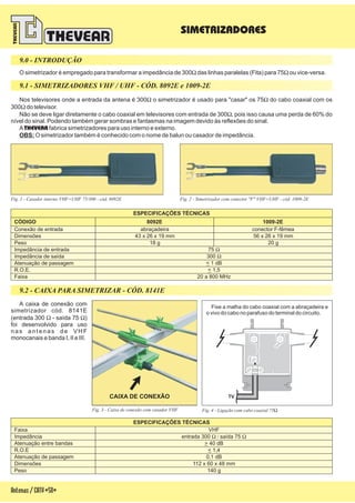 ESPECIFICAÇÕES TÉCNICAS
R.O.E
Atenuação entre bandas
Atenuação de passagem
Faixa
Dimensões
Peso
Impedância
> 40 dB
0,1 dB
< 1,4
VHF
112 x 60 x 48 mm
140 g
entrada 300 saída 75W / W
Antenas/CATV-50-
O simetrizador é empregado para transformar a impedância de 300 das linhas paralelas (Fita) para 75 ou vice-versa.W W
Nos televisores onde a entrada da antena é 300 o simetrizador é usado para "casar" os 75 do cabo coaxial com os
300 do televisor.
Não se deve ligar diretamente o cabo coaxial em televisores com entrada de 300 pois isso causa uma perda de 60% do
nível do sinal. Podendo também gerar sombras e fantasmas na imagem devido às reflexões do sinal.
A fabrica simetrizadores para uso interno e externo.
O simetrizador também é conhecido com o nome de balun ou casador de impedância.
W W
W
W,
THEVEAR
OBS:
9.0 - INTRODUÇÃO
9.1 - SIMETRIZADORES VHF / UHF - CÓD. 8092E e 1009-2E
ESPECIFICAÇÕES TÉCNICAS
CÓDIGO
R.O.E.
Atenuação de passagem
Faixa
Dimensões
Peso
Impedância de entrada
Conexão de entrada
Impedância de saída
8092E 1009-2E
< 1,5
< 1 dB
20 a 800 MHz
56 x 26 x 19 mm43 x 26 x 19 mm
18 g 20 g
75 W
abraçadeira conector F-fêmea
300 W
Fig. 2 - Simetrizador com conector "F" VHF+UHF - cód. 1009-2EFig. 1 - Casador interno VHF+UHF 75/300 - cód. 8092E
9.2 - CAIXA PARA SIMETRIZAR - CÓD. 8141E
A caixa de conexão com
simetrizador cód. 8141E
(entrada 300 - saída 75 )
foi desenvolvido para uso
nas antenas de VHF
monocanais e banda I, II e III.
W W
Fig. 3 - Caixa de conexão com casador VHF Fig. 4 - Ligação com cabo coaxial 75W
SIMETRIZADORES
CAIXA DE CONEXÃO
Fixe a malha do cabo coaxial com a abraçadeira e
o vivo do cabo no parafuso do terminal do circuito.
TV
 