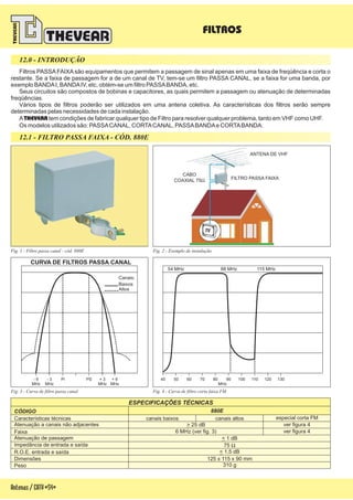 Fig. 2 - Exemplo de instalação
MHz
54 MHz 88 MHz 115 MHz
40 50 60 70 80 90 100 110 120 130- 3
MHz
+ 3
MHz
- 6
MHz
+ 6
MHz
Pi PS
Canais:
Baixos
Altos
Antenas/CATV-54-
12.0 - INTRODUÇÃO
12.1 - FILTRO PASSA FAIXA - CÓD. 880E
ESPECIFICAÇÕES TÉCNICAS
CÓDIGO
R.O.E. entrada e saída
Atenuação a canais não adjacentes
Atenuação de passagem
Faixa
Características técnicas
Dimensões
Peso
Impedância de entrada e saída
880E
< 1 dB
> 25 dB ver figura 4
< 1,5 dB
125 x 115 x 90 mm
310 g
75 W
6 MHz (ver fig. 3) ver figura 4
canais baixos canais altos especial corta FM
Fig. 1 - Filtro passa canal - cód. 880E
Fig. 4 - Curva de filtro corta faixa FMFig. 3 - Curva de filtro passa canal
CURVA DE FILTROS PASSA CANAL
FILTROS
Filtros PASSAFAIXAsão equipamentos que permitem a passagem de sinal apenas em uma faixa de freqüência e corta o
restante. Se a faixa de passagem for a de um canal de TV, tem-se um filtro PASSA CANAL, se a faixa for uma banda, por
exemplo BANDAI, BANDAIV, etc, obtém-se um filtro PASSABANDA, etc.
Seus circuitos são compostos de bobinas e capacitores, as quais permitem a passagem ou atenuação de determinadas
freqüências.
Vários tipos de filtros poderão ser utilizados em uma antena coletiva. As características dos filtros serão sempre
determinadas pelas necessidades de cada instalação.
A tem condições de fabricar qualquer tipo de Filtro para resolver qualquer problema, tanto em VHF como UHF.
Os modelos utilizados são: PASSACANAL, CORTACANAL, PASSABANDAe CORTABANDA.
THEVEAR
ANTENA DE VHF
FILTRO PASSA FAIXA
CABO
COAXIAL 75W
 