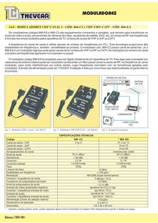 Antenas/CATV-60-
MODULADORES
Fig. 3 - Exemplo de instalação
Os moduladores códigos 866-EA e 866-C3 são equipamentos compactos e versáteis, que servem para transformar os
sinais de vídeo e áudio, provenientes de câmeras de vídeo, receptores de satélite, DVD, etc, em sinais de RF nas freqüências
e formato dos sinais recebidos pelos aparelhos deTV, na faixa de canais de VHF e UHF ou CATV.
A freqüência do canal de saída é obtida através de síntese de freqüências por PLL. Esta tecnologia proporciona alta
estabilidade em freqüência e, também, versatilidade ao produto. O modulador cód. 866-C3 possui canal de saída fixo. Já o
866-EAé um modulador ágil que pode gerar canais tanto na faixa de VHF e UHF ou CATV.As indicações do número do canal
e do plano de freqüências aparecem no mostrador no painel.
O modulador código 866-EA foi projetado para ser ligado diretamente em aparelhos de TV. Para ligar este modulador em
cabeceiras de antena coletiva pode ser necessário acrescentar um filtro passa canal na saída de RF, na freqüência do canal
modulado, para evitar interferências em outros canais, cujas freqüências coincidam com as harmônicas geradas pelo
modulador.Atensão de alimentação pode ser 110/220V.Aseleção é feita por uma chave que está localizada na parte interna
do produto.
14.0 - MODULADORES VHF CANAL 3 - CÓD. 866-C3 e VHF-UHF-CATV - CÓD. 866-EA
Fig. 1 - Modulador VHF a cristal - cód. 866-C3 Fig. 2 - Modulador VHF/UHF/CATV - cód. 866-EA
ESPECIFICAÇÕES TÉCNICAS
Código 866 -C3 * 866 -EA
Canal de saída - VHF 3 ou 4 FI, 2 ao 13
Canal de saída - UHF - 14 ao 70
Canal de saída - CATV - 14 ao 99
Armazenamento do canal - memória não volátil
Nível de saída 75 ±1 dBµV 80 ± 2 dBµV
Largura da faixa 10 MHz
Estabilidade em freqüência ± 100 ppm
Modulação AM DSB (dupla banda lateral)
Harmônicas < 60 dBc < 20 dBc
Conector / impedância de saída F-fêmea / 75 W
Freqüência da subportadora de áudio 4,5 MHz
Nível da subportadora de áudio - 12 ±1 dBc
Entrada de vídeo (polaridade negativa) ajustável de 0,8 a 2 Vpp
Conector / impedância entrada de vídeo tipo RCA / 75 W
Entrada de áudio ajustável de 1 a 4 Vpp
Conector / impedância entrada de áudio tipo RCA / 1000 W
Alimentação (chave de seleção interna) 110/220V
Temperatura de operação 0 a 40º C
Consumo
Consumo mensal
2,2 W
1,6 kW.h/mês
2,1 W
1,5 kW.h/mês
Dimensões 110 x 92 x 50 mm
Peso 220g 230g
ANTENA
DE VHF
APARELHO DE DVD
MODULADOR
CÓD. 866-C3
COMBINADOR
CABO COAXIAL
75W
* - Quando o display estiver aceso, podem aparecer alguns riscos horizontais na imagem. Eles desaparecem quando o display se apaga.
 