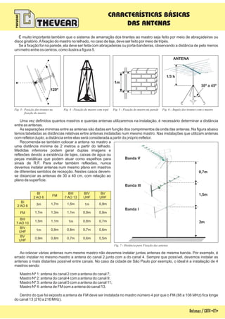 Ao colocar várias antenas num mesmo mastro não devemos instalar juntas antenas de mesma banda. Por exemplo, é
errado instalar no mesmo mastro a antena do canal 2 junto com a do canal 4. Sempre que possível, devemos instalar as
antenas o mais distantes possível entre canais. No caso da cidade de São Paulo por exemplo, o ideal é a instalação de 4
mastros sendo:
Mastro Nº 1: antena do canal 2 com a antena do canal 7;
Mastro Nº 2: antena do canal 4 com a antena do canal 9;
Dentro do que foi exposto a antena de FM deve ser instalada no mastro número 4 por que o FM (88 a 108 MHz) fica longe
do canal 13 (210 a 216 MHz).
Mastro Nº 3: antena do canal 5 com a antena do canal 11;
Mastro Nº 4: antena de FM com a antena do canal 13.
Uma vez definidos quantos mastros e quantas antenas utilizaremos na instalação, é necessário determinar a distância
entre as antenas.
As separações mínimas entre as antenas são dadas em função dos comprimentos de onda das antenas. Na figura abaixo
temos tabeladas as distâncias relativas entre antenas instaladas num mesmo mastro. Nas instalações que utilizam antenas
com refletor duplo, a distância entre elas será considerada a partir do próprio refletor.
Recomenda-se também colocar a antena no mastro a
uma distância mínima de 2 metros a partir do telhado.
Medidas inferiores podem gerar duplas imagens e
reflexões devido a existência de lajes, caixas de água ou
peças metálicas que podem atuar como espelhos para
sinais de R.F. Para evitar também reflexões, nunca
devemos instalar antenas num mesmo plano em mastros
de diferentes sentidos de recepção. Nestes casos devem-
se distanciar as antenas de 30 a 40 cm, com relação ao
plano da superfície.
Antenas/CATV-07-
Fig. 3 - Posição dos tirantes na
f do mastroixação
Fig. 4 - tripéFixação do mastro com Fig. 5 - na paredeFixação do mastro Fig. 6 - Ângulo dos tirantes com o mastro
É muito importante também que o sistema de amarração dos tirantes ao mastro seja feito por meio de abraçadeiras ou
disco giratório.Afixação do mastro no telhado, no caso de laje, deve ser feito por meio de tripés.
Se a fixação for na parede, ela deve ser feita com abraçadeiras ou porta-bandeiras, observando a distância de pelo menos
um metro entre os centros, como ilustra a figura 5.
1m
120º
30º a 45º
CARACTERÍSTICAS BÁSICAS
DAS ANTENAS
FM
3m 1,7m 1,5m 1m 0,9m
1,7m 1,3m 1,1m 0,9m 0,8m
1,5m 1,1m 1m 0,8m 0,7m
1m 0,9m 0,8m 0,7m 0,6m
0,9m 0,8m 0,7m 0,6m 0,5m
BI
2 AO 6
BV
UHF
BV
UHF
BI
2 AO 6 FM
BIII
7 AO 13
BIII
7 AO 13
BIV
UHF
BIV
UHF
Fig. 7 - D das antenasistância para Fixação
ANTENA
1/3 h
0,7m
1,5m
2m
Banda III
Banda I
Banda V
 
