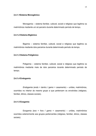 15
2.4.1.1Sistema Monogâmico
Monogamia – sistema familiar, cultural, social e religioso que legitima os
matrimônios mediante um só parceiro durante determinado período de tempo.
2.4.1.2 Sistema Bigâmico
Bigamia – sistema familiar, cultural, social e religioso que legitima os
matrimônios mediante dois parceiros durante determinado período de tempo.
2.4.1.3 Sistema Poligâmico
Poligamia – sistema familiar, cultural, social e religioso que legitima os
matrimônios mediante mais de dois parceiros durante determinado período de
tempo.
2.4.1.4 Endogamia
Endogamia (endo = dentro / gamo = casamento) – uniões, matrimônios,
ocorridos no interior do mesmo grupo a que pertencem os envolvidos (religioso,
familiar, étnico, classes sociais).
2.4.1.5 Exogamia
Exogamia (exo = fora / gamo = casamento) – uniões, matrimônios
ocorridos exteriormente aos grupos pertencentes (religioso, familiar, étnico, classes
sociais).
 