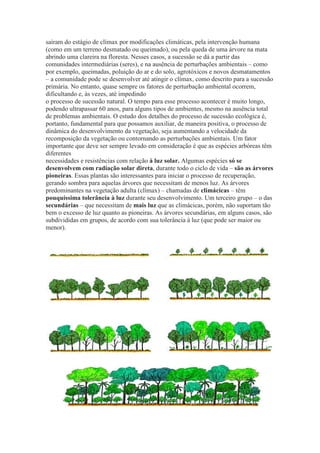 saíram do estágio de clímax por modificações climáticas, pela intervenção humana
(como em um terreno desmatado ou queimado), ou pela queda de uma árvore na mata
abrindo uma clareira na floresta. Nesses casos, a sucessão se dá a partir das
comunidades intermediárias (seres), e na ausência de perturbações ambientais – como
por exemplo, queimadas, poluição do ar e do solo, agrotóxicos e novos desmatamentos
– a comunidade pode se desenvolver até atingir o clímax, como descrito para a sucessão
primária. No entanto, quase sempre os fatores de perturbação ambiental ocorrem,
dificultando e, às vezes, até impedindo
o processo de sucessão natural. O tempo para esse processo acontecer é muito longo,
podendo ultrapassar 60 anos, para alguns tipos de ambientes, mesmo na ausência total
de problemas ambientais. O estudo dos detalhes do processo de sucessão ecológica é,
portanto, fundamental para que possamos auxiliar, de maneira positiva, o processo de
dinâmica do desenvolvimento da vegetação, seja aumentando a velocidade da
recomposição da vegetação ou contornando as perturbações ambientais. Um fator
importante que deve ser sempre levado em consideração é que as espécies arbóreas têm
diferentes
necessidades e resistências com relação à luz solar. Algumas espécies só se
desenvolvem com radiação solar direta, durante todo o ciclo de vida – são as árvores
pioneiras. Essas plantas são interessantes para iniciar o processo de recuperação,
gerando sombra para aquelas árvores que necessitam de menos luz. As árvores
predominantes na vegetação adulta (clímax) – chamadas de climácicas – têm
pouquíssima tolerância à luz durante seu desenvolvimento. Um terceiro grupo – o das
secundárias – que necessitam de mais luz que as climácicas, porém, não suportam tão
bem o excesso de luz quanto as pioneiras. As árvores secundárias, em alguns casos, são
subdivididas em grupos, de acordo com sua tolerância à luz (que pode ser maior ou
menor).
 
