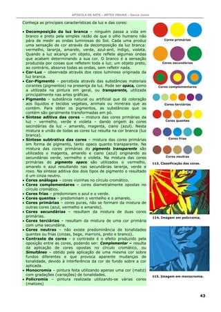 APOSTILA DE ARTE – ARTES VISUAIS – Garcia Junior

Conheça as principais características da luz e das cores:

• Decomposição da luz branca – ninguém passa a vida em
  branco e preto pela simples razão de que o olho humano não
  pára de medir as ondas luminosas do Sol. Cada uma produz
  uma sensação de cor através da decomposição da luz branca:
  vermelho, laranja, amarelo, verde, azul-anil, índigo, violeta.
  Quando a luz alcança um objeto, este reflete algumas ondas
  que acabam determinando a sua cor. O branco é a sensação
  produzida por coisas que refletem toda a luz; um objeto preto,
  ao contrário, absorve todas as ondas, sem refletir nada.
• Cor-Luz – observada através dos raios luminoso originada da
  luz branca.
• Cor-Pigmento – percebida através das substâncias materiais
  corantes (pigmentos) na presença da luz. Pode ser opaca, como
  a utilizada na pintura em geral, ou transparente, utilizada
  principalmente nas artes gráficas.
• Pigmento – substância natural ou artificial que dá coloração
  aos líquidos e tecidos vegetais, animais ou minerais que as
  contém. Para obter os pigmentos, as substâncias que os
  contém são geralmente transformadas em pó.
• Síntese aditiva das cores – mistura das cores primárias da
  luz – vermelho, verde e violeta – dando origem às cores
  secindárias da luz – amarelo, magenta, ciano (azul). Nesta
  mistura a união de todas as cores luz resulta na cor branca (luz
  branca).
• Síntese subtrativa das cores – mistura das cores primárias
  em forma de pigmento, tanto opaco quanto transparente. Na
  mistura das cores primárias do pigmento transparente são
  utilizados o magenta, amarelo e ciano (azul) originando as
  secundárias verde, vermelho e violeta. Na mistura das cores
  primárias do pigmento opaco são utilizados o vermelho,                     113. Classificação das cores.
  amarelo e azul resultando nas secundárias laranja, verde e
  roxo. Na síntese aditiva dos dois tipos de pigmento o resultado
  é um cinza neutro.
• Cores análogas – cores vizinhas no círculo cromático.
• Cores complementares – cores diametralmente opostas no
  círculo cromático.
• Cores frias – predominam o azul e o verde.
• Cores quentes – predominam o vermelho e o amarelo.
• Cores primárias – cores puras, não se formam da mistura de
  outras cores (azul, vermelho e amarelo).
• Cores secundárias – resultam da mistura de duas cores
  primárias.                                                                 114. Imagem em policromia.
• Cores terciárias – resultam da mistura de uma cor primária
  com uma secundária.
• Cores neutras – não existe predominância de tonalidades
  quentes ou frias (cinzas, bege, marrons, preto e branco).
• Contraste de cores - o contraste é o efeito produzido pela
  oposição entre as cores, podendo ser: Complementar – resulta
  da aplicação de cores opostas no círculo cromático, ou
  Simultâneo – obtido pela aplicação de uma mesma cor sobre
  fundos diferentes e que provoca aparente mudanças de
  tonalidade, devido à interferência da cor de fundo sobre a cor
  aplicada.
• Monocromia – pintura feita utilizando apenas uma cor (matiz)
  com gradações (variações) de tonalidades.                                  115. Imagem em monocromia.
• Policromia – pintura realizada utilizando-se várias cores
  (matizes)


                                                                                                             43
 