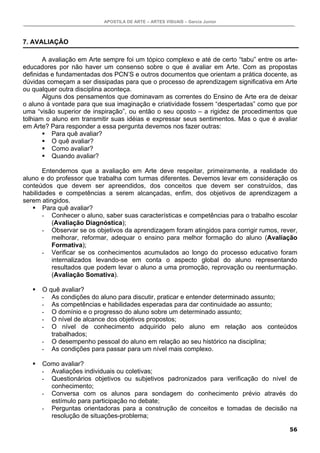 APOSTILA DE ARTE – ARTES VISUAIS – Garcia Junior



7. AVALIAÇÃO

       A avaliação em Arte sempre foi um tópico complexo e até de certo “tabu” entre os arte-
educadores por não haver um consenso sobre o que é avaliar em Arte. Com as propostas
definidas e fundamentadas dos PCN’S e outros documentos que orientam a prática docente, as
dúvidas começam a ser dissipadas para que o processo de aprendizagem significativa em Arte
ou qualquer outra disciplina aconteça.
       Alguns dos pensamentos que dominavam as correntes do Ensino de Arte era de deixar
o aluno à vontade para que sua imaginação e criatividade fossem “despertadas” como que por
uma “visão superior de inspiração”, ou então o seu oposto – a rigidez de procedimentos que
tolhiam o aluno em transmitir suas idéias e expressar seus sentimentos. Mas o que é avaliar
em Arte? Para responder a essa pergunta devemos nos fazer outras:
          Para quê avaliar?
          O quê avaliar?
          Como avaliar?
          Quando avaliar?

       Entendemos que a avaliação em Arte deve respeitar, primeiramente, a realidade do
aluno e do professor que trabalha com turmas diferentes. Devemos levar em consideração os
conteúdos que devem ser apreendidos, dos conceitos que devem ser construídos, das
habilidades e competências a serem alcançadas, enfim, dos objetivos de aprendizagem a
serem atingidos.
       Para quê avaliar?
       - Conhecer o aluno, saber suas características e competências para o trabalho escolar
          (Avaliação Diagnóstica);
       - Observar se os objetivos da aprendizagem foram atingidos para corrigir rumos, rever,
          melhorar, reformar, adequar o ensino para melhor formação do aluno (Avaliação
          Formativa);
       - Verificar se os conhecimentos acumulados ao longo do processo educativo foram
          internalizados levando-se em conta o aspecto global do aluno representando
          resultados que podem levar o aluno a uma promoção, reprovação ou reenturmação.
          (Avaliação Somativa).

      O quê avaliar?
      - As condições do aluno para discutir, praticar e entender determinado assunto;
      - As competências e habilidades esperadas para dar continuidade ao assunto;
      - O domínio e o progresso do aluno sobre um determinado assunto;
      - O nível de alcance dos objetivos propostos;
      - O nível de conhecimento adquirido pelo aluno em relação aos conteúdos
         trabalhados;
      - O desempenho pessoal do aluno em relação ao seu histórico na disciplina;
      - As condições para passar para um nível mais complexo.

      Como avaliar?
      - Avaliações individuais ou coletivas;
      - Questionários objetivos ou subjetivos padronizados para verificação do nível de
        conhecimento;
      - Conversa com os alunos para sondagem do conhecimento prévio através do
        estímulo para participação no debate;
      - Perguntas orientadoras para a construção de conceitos e tomadas de decisão na
        resolução de situações-problema;

                                                                                          56
 