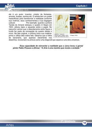ele é um autor, inventor, criador de fantasias,
amores, ilusões, sonhos etc. O artista tem um poder
maravilhoso para transformar a realidade conforme
sua vivência, seus conhecimentos e sua bagagem
cultural. Por exemplo: quando a pintora
Tarsila do Amaral esboçou o quadro A Negra em
1923, utilizou lápis e aquarela sobre o papel. No
rascunho vemos que o descolamento entre figura e
fundo faz parte da concepção do quadro desde o
início. Na tela original, a pintora troca sua matéria-
prima e utiliza óleo sobre tela. Observe que a folha
de bananeira, que aparece claramente nos
desenhos, funcionará na pintura como uma diagonal que separa e une dois universos.
Essa capacidade de reinventar a realidade que o cerca levou o genial
pintor Pablo Picasso a afirmar: “A Arte é uma mentira que revela a verdade.”
12
Capítulo I
AMARAL. Tarsila do
Esboço para A Negra (1923) A Negra (1923)
Fonte: http://www.mac.usp.br
 