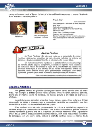 cantar a charmosa música “Águas de Março” e Manuel Bandeira escrever o poema “A Arte de
Amar” com emocionantes palavras.
Gêneros Artísticos
Um gênero artístico é o grupo de convenções e estilos dentro de uma forma de arte e
mídia. Por exemplo, o cinema possui vários gêneros: filmes de terror, romance, comédia,
drama etc. O mesmo ocorre na literatura, na música, pintura e em todas as expressões
artísticas.
As estruturas que compõem uma obra (sons, formas, cores, ritmo, texturas e linhas)
expressarão as ideias e emoções que a composição transmitirá ao espectador, que terá
sensações de acordo com seus conhecimentos e gostos.
Para analisar obras de arte, primeiramente os críticos e historiadores separam os
trabalhos em grupos classificando-os de acordo com a obra-prima utilizada, pois os materiais
são tão importantes quanto a arte em si (o som de uma música tradicional como “Aquarela do
Brasil” de Ary Barroso executada como guitarras elétricas, num estilo heavy metal é diferente
do conseguido em um suave piano, embora a melodia continue sendo a mesma. Cada
15
Capítulo II
Arte de Amar
Manuel Bandeira
Se queres sentir a felicidade de amar, esquece
a tua alma.
A alma é que estraga o amor.
Só em Deus ela pode encontrar satisfação.
Não noutra alma.
Só em Deus ? ou fora do mundo.
As almas são incomunicáveis.
Deixa o teu corpo entender-se com outro corpo.
Porque os corpos se entendem,mas as almas
não.
Detalhe de escultura de
Aleijadinho Fotos de catálogo da
Turminas e Embratur
As Artes Plásticas
As “Artes Plásticas” não são nada mais que a capacidade de moldar,
modificar, reestruturar, resignificar os mais diversos materiais na tentativa de
conceber e divulgar nossos sentimentos e, principalmente, nossas idéias.
Um material inicialmente líquido que se pode transformar em qualquer tipo
de utensílio, objeto, peça ou componente, necessitando apenas, neste processo,
da criatividade não só de conceber o objeto em si, mas também do processo de
produção deste objeto. E esta arte hoje em dia não se limita apenas a pintura e a
escultura, como também avança pelas performances, instalações, vídeo-artes,
cyberartes, grafismo, proto-arte e inúmeras outras expressões pós-modernas.
Fonte: http://www.sobresites.com/artesplasticas/apresentacao.htm
 