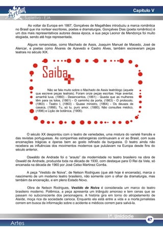 Ao voltar da Europa em 1867, Gonçalves de Magalhães introduziu a marca romântica
no Brasil que iria nortear escritores, poetas e dramaturgos. Gonçalves Dias (poeta romântico) é
um dos mais representativos autores dessa época, e sua peça Leonor de Mendonça foi muito
elogiada, sendo até hoje representada.
Alguns romancistas, como Machado de Assis, Joaquim Manuel de Macedo, José de
Alencar, e poetas como Álvares de Azevedo e Castro Alves, também escreveram peças
teatrais no século XIX.
O século XX despontou com o teatro de variedades, uma mistura do varieté francês e
das revistas portuguesas. As companhias estrangeiras continuavam a vir ao Brasil, com suas
encenações trágicas e óperas bem ao gosto refinado da burguesia. O teatro ainda não
recebera as influências dos movimentos modernos que pululavam na Europa desde fins do
século anterior.
Oswaldo de Andrade foi o “arauto” da modernidade no teatro brasileiro na obra de
Oswald de Andrade, produzida toda na década de 1930, com destaque para O Rei da Vela, só
encenada na década de 1960 por José Celso Martinez Corrêa.
A peça “Vestido de Noiva”, de Nelson Rodrigues (que até hoje é encenada), marca o
nascimento de um moderno teatro brasileiro, não somente com o olhar da dramaturgia, mas
também da encenação, e em pleno Estado Novo.
Obra de Nelson Rodrigues, Vestido de Noiva é considerada um marco do teatro
brasileiro moderno. Polêmica, a peça apresenta um triângulo amoroso e tem cenas que se
passam no subconsciente dos personagens. A história gira em torno do atropelamento de
Alaíde, moça rica da sociedade carioca. Enquanto ela está entre a vida e a morte,jornalistas
correm em busca da informação sobre o acidente e médicos correm para salvá-la.
47
Não se fala muito sobre o Machado de Assis teatrólogo (aquele
que escreve peças teatrais). Foram onze peças escritas: Hoje avental,
amanhã luva, (1860) - Desencantos, (1861) - Queda que as mulheres
têm para os tolos, (1861) - O caminho da porta, (1863) - O protocolo,
(1863) - Teatro I, (1863) - Quase ministro, (1864) - Os deuses de
casaca, (1866), Tu, só tu, puro amor, (1880), Não consultes médico,
(1896) e Lição de botânica, (1906).
Capítulo V
 