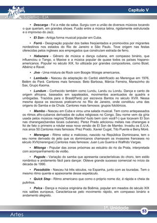 • Descarga - Foi a mãe da salsa. Surgiu com a união de diversos músicos tocando
o que queriam, em grandes shows. Fusão entre a música latina, rigidamente estruturada
e o improviso do Jazz.
• El Son - Antiga forma musical popular em Cuba.
• Forró - Designação popular dos bailes freqüentados e promovidos por migrantes
nordestinos nos estados do Rio de Janeiro e São Paulo. Teve origem nas festas
oferecidas pelos ingleses aos empregados que construíam estrada de ferro.
• Habanera - Gênero de música e dança cubana, em compasso binário, que
influenciou o Tango, o Maxixe e a música popular de quase todos os países hispano-
americanos. Popular no século XIX, foi utilizada por grandes compositores, como Bizet,
Albéniz e Ravel.
• Jive - Uma mistura de Rock com Boogie Woogie americanos.
• Lambada - Nasceu da adaptação do Caribó eletrificado ao Merengue em 1976,
Belém do Pará. Cantores mais famosos: Beto Barbosa, Márcia Ferreira, Manezinho do
Sax, Grupo Kaoma.
• Lundum - Conhecido também como Lundu, Landu ou Londu. Dança e canto de
origem africana, baseados em sapateados, movimentos acentuados de quadris e
umbigadas. Trazidos para o Brasil(Pará) por escravos Bantos no século XVIII. Nessa
mesma época os escravos praticam-no no Rio de Janeiro, onde constituiu uma das
origens do Samba e da Chula. Cantores mais famosos: grupos folclóricos.
• Mambo - Nasceu em Cuba e virou uma salada musical. Tem como antepassados
os ritmos afro-cubanos derivados de cultos religiosos no Congo. Seu nome vem da gíria
usada pelos músicos negros("Estás Mambo"-tudo bem com você?-) que tocavam El Son
nas charangas(bandas locais cubanas). Perez Prado adicionou metais nas charangas e
foi de fato o primeiro a rotular essa nova versão de El Son de Mambo. Invadiu os E.U.A.
nos anos 50.Cantores mais famosos: Prez Prado, Xavier Cugat, Tito Puente e Beny Moré.
• Merengue - Ritmo veloz e malicioso, nascido na República Dominicana, tem o
seu nome derivado do jeito que os dominicanos chamavam os invasores franceses no
século XVII(merengue).Cantores mais famosos: Juan Luis Guerra e Walfrido Vargas.
• Milonga - Popular das zonas próximas ao estuário do rio da Prata, interpretada
com acompanhamento de violão.
• Pagode - Variação do samba que apresenta características do choro, tem estilo
romântico e andamento fácil para dançar. Obteve grande sucesso comercial no início da
década de 1990.
• Pasodoble - Nasceu há três séculos, na Espanha, junto com as touradas. Tem o
mesmo ritmo quente e apaixonante desse espetáculo.
• Quick Step - Ritmo americano que como o próprio nome diz, é rápida e cheia de
pulinhos.
• Polca - Dança e música originária da Boêmia, popular em meados do século XIX
nos salões europeus. Caracteriza-se pelo movimento rápido, em compasso binário e
andamento alegreto.
53
Capítulo V
 