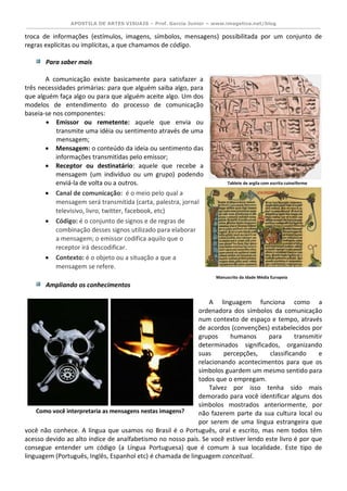 APOSTILA DE ARTES VISUAIS – Prof. Garcia Junior – www.imagetica.net/blog 
troca de informações (estímulos, imagens, símbolos, mensagens) possibilitada por um conjunto de regras explícitas ou implícitas, a que chamamos de código. 
Para saber mais 
A comunicação existe basicamente para satisfazer a três necessidades primárias: para que alguém saiba algo, para que alguém faça algo ou para que alguém aceite algo. Um dos modelos de entendimento do processo de comunicação baseia-se nos componentes: 
 Emissor ou remetente: aquele que envia ou transmite uma idéia ou sentimento através de uma mensagem; 
 Mensagem: o conteúdo da ideia ou sentimento das informações transmitidas pelo emissor; 
 Receptor ou destinatário: aquele que recebe a mensagem (um indivíduo ou um grupo) podendo enviá-la de volta ou a outros.  Canal de comunicação: é o meio pelo qual a mensagem será transmitida (carta, palestra, jornal televisivo, livro, twitter, facebook, etc)  Código: é o conjunto de signos e de regras de combinação desses signos utilizado para elaborar a mensagem; o emissor codifica aquilo que o receptor irá descodificar.  Contexto: é o objeto ou a situação a que a mensagem se refere. 
Ampliando os conhecimentos 
A linguagem funciona como a ordenadora dos símbolos da comunicação num contexto de espaço e tempo, através de acordos (convenções) estabelecidos por grupos humanos para transmitir determinados significados, organizando suas percepções, classificando e relacionando acontecimentos para que os símbolos guardem um mesmo sentido para todos que o empregam. 
Talvez por isso tenha sido mais demorado para você identificar alguns dos símbolos mostrados anteriormente, por não fazerem parte da sua cultura local ou por serem de uma língua estrangeira que você não conhece. A língua que usamos no Brasil é o Português, oral e escrito, mas nem todos têm acesso devido ao alto índice de analfabetismo no nosso país. Se você estiver lendo este livro é por que consegue entender um código (a Língua Portuguesa) que é comum à sua localidade. Este tipo de linguagem (Português, Inglês, Espanhol etc) é chamada de linguagem conceitual. 
Como você interpretaria as mensagens nestas imagens? 
Manuscrito da Idade Média Europeia 
Tablete de argila com escrita cuineiforme  