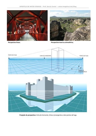 APOSTILA DE ARTES VISUAIS – Prof. Garcia Junior – www.imagetica.net/blog 
Perspectiva linear. 
Perspectiva tonal ou atmosférica. 
Projeção de perspectiva: linha do horizonte, linhas convergentes e dois pontos de fuga.  