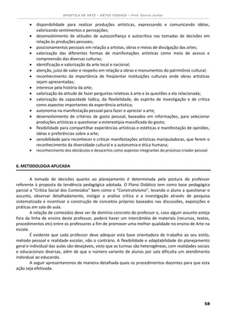 APOSTILA DE ARTE – ARTES VISUAIS – Prof. Garcia Junior 
58 
 disponibilidade para realizar produções artísticas, expressando e comunicando idéias, valorizando sentimentos e percepções; 
 desenvolvimento de atitudes de autoconfiança e autocrítica nas tomadas de decisões em relação às produções pessoais; 
 posicionamentos pessoais em relação a artistas, obras e meios de divulgação das artes; 
 valorização das diferentes formas de manifestações artísticas como meio de acesso e compreensão das diversas culturas; 
 identificação e valorização da arte local e nacional; 
 atenção, juízo de valor e respeito em relação a obras e monumentos do patrimônio cultural; 
 reconhecimento da importância de freqüentar instituições culturais onde obras artísticas sejam apresentadas; 
 interesse pela história da arte; 
 valorização da atitude de fazer perguntas relativas à arte e às questões a ela relacionada; 
 valorização da capacidade lúdica, da flexibilidade, do espírito de investigação e de crítica como aspectos importantes da experiência artística; 
 autonomia na manifestação pessoal para fazer e apreciar a arte; 
 desenvolvimento de critérios de gosto pessoal, baseados em informações, para selecionar produções artísticas e questionar a estereotipia massificada do gosto; 
 flexibilidade para compartilhar experiências artísticas e estéticas e manifestação de opiniões, idéias e preferências sobre a arte; 
 sensibilidade para reconhecer e criticar manifestações artísticas manipuladoras, que ferem o reconhecimento da diversidade cultural e a autonomia e ética humana; 
 reconhecimento dos obstáculos e desacertos como aspectos integrantes do processo criador pessoal. 
6. METODOLOGIA APLICADA 
A tomada de decisões quanto ao planejamento é determinada pela postura do professor referente à proposta da tendência pedagógica adotada. O Plano Didático tem como base pedagógica parcial a “Crítica Social dos Conteúdos” bem como o “Construtivismo”, levando o aluno a questionar o assunto, observar detalhadamente, instigar a análise crítica e a investigação através de pesquisa sistematizada e incentivar a construção de conceitos próprios baseados nas discussões, exposições e práticas em sala de aula. 
A relação de conteúdos deve ser de domínio concreto do professor e, caso algum assunto esteja fora da linha de ensino deste professor, poderá haver um intercâmbio de materiais (recursos, textos, procedimentos etc) entre os professores a fim de promover uma melhor qualidade no ensino de Arte na escola. 
É evidente que cada professor deve adequar esta base orientadora de trabalho ao seu estilo, método pessoal e realidade escolar, não o contrário. A flexibilidade e adaptabilidade do planejamento geral e individual das aulas são desejáveis, visto que as turmas são heterogêneas, com realidades sociais e educacionais diversas, além de que o número variante de alunos por sala dificulta um atendimento individual ao educando. 
A seguir apresentaremos de maneira detalhada quais os procedimentos docentes para que esta ação seja efetivada. 
 