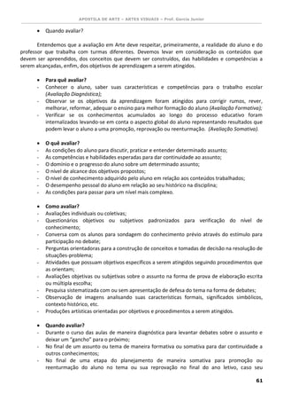 APOSTILA DE ARTE – ARTES VISUAIS – Prof. Garcia Junior 
61 
 Quando avaliar? 
Entendemos que a avaliação em Arte deve respeitar, primeiramente, a realidade do aluno e do professor que trabalha com turmas diferentes. Devemos levar em consideração os conteúdos que devem ser apreendidos, dos conceitos que devem ser construídos, das habilidades e competências a serem alcançadas, enfim, dos objetivos de aprendizagem a serem atingidos. 
 Para quê avaliar? 
- Conhecer o aluno, saber suas características e competências para o trabalho escolar (Avaliação Diagnóstica); 
- Observar se os objetivos da aprendizagem foram atingidos para corrigir rumos, rever, melhorar, reformar, adequar o ensino para melhor formação do aluno (Avaliação Formativa); 
- Verificar se os conhecimentos acumulados ao longo do processo educativo foram internalizados levando-se em conta o aspecto global do aluno representando resultados que podem levar o aluno a uma promoção, reprovação ou reenturmação. (Avaliação Somativa). 
 O quê avaliar? 
- As condições do aluno para discutir, praticar e entender determinado assunto; 
- As competências e habilidades esperadas para dar continuidade ao assunto; 
- O domínio e o progresso do aluno sobre um determinado assunto; 
- O nível de alcance dos objetivos propostos; 
- O nível de conhecimento adquirido pelo aluno em relação aos conteúdos trabalhados; 
- O desempenho pessoal do aluno em relação ao seu histórico na disciplina; 
- As condições para passar para um nível mais complexo. 
 Como avaliar? 
- Avaliações individuais ou coletivas; 
- Questionários objetivos ou subjetivos padronizados para verificação do nível de conhecimento; 
- Conversa com os alunos para sondagem do conhecimento prévio através do estímulo para participação no debate; 
- Perguntas orientadoras para a construção de conceitos e tomadas de decisão na resolução de situações-problema; 
- Atividades que possuam objetivos específicos a serem atingidos seguindo procedimentos que as orientam; 
- Avaliações objetivas ou subjetivas sobre o assunto na forma de prova de elaboração escrita ou múltipla escolha; 
- Pesquisa sistematizada com ou sem apresentação de defesa do tema na forma de debates; 
- Observação de imagens analisando suas características formais, significados simbólicos, contexto histórico, etc. 
- Produções artísticas orientadas por objetivos e procedimentos a serem atingidos. 
 Quando avaliar? 
- Durante o curso das aulas de maneira diagnóstica para levantar debates sobre o assunto e deixar um “gancho” para o próximo; 
- No final de um assunto ou tema de maneira formativa ou somativa para dar continuidade a outros conhecimentos; 
- No final de uma etapa do planejamento de maneira somativa para promoção ou reenturmação do aluno no tema ou sua reprovação no final do ano letivo, caso seu  
