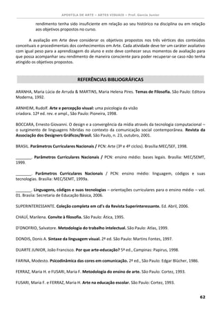 APOSTILA DE ARTE – ARTES VISUAIS – Prof. Garcia Junior 
62 
rendimento tenha sido insuficiente em relação ao seu histórico na disciplina ou em relação aos objetivos propostos no curso. 
A avaliação em Arte deve considerar os objetivos propostos nos três vértices dos conteúdos conceituais e procedimentais dos conhecimentos em Arte. Cada atividade deve ter um caráter avaliativo com igual peso para a aprendizagem do aluno e este deve conhecer seus momentos de avaliação para que possa acompanhar seu rendimento de maneira consciente para poder recuperar-se caso não tenha atingido os objetivos propostos. 
REFERÊNCIAS BIBLIOGRÁFICAS 
ARANHA, Maria Lúcia de Arruda & MARTINS, Maria Helena Pires. Temas de Filosofia. São Paulo: Editora Moderna, 1992. 
ARNHEIM, Rudolf. Arte e percepção visual: uma psicologia da visão 
criadora. 12ª ed. rev. e ampl., São Paulo: Pioneira, 1998. 
BOCCARA, Ernesto Giovanni. O design e a convergência da mídia através da tecnologia computacional – o surgimento de linguagens híbridas no contexto da comunicação social contemporânea. Revista da Associação dos Designers Gráficos/Brasil. São Paulo, n. 23, outubro, 2001. 
BRASIL. Parâmetros Curriculares Nacionais / PCN: Arte (3º e 4º ciclos). Brasília:MEC/SEF, 1998. 
_______. Parâmetros Curriculares Nacionais / PCN: ensino médio: bases legais. Brasília: MEC/SEMT, 1999. 
_______. Parâmetros Curriculares Nacionais / PCN: ensino médio: linguagem, códigos e suas tecnologias. Brasília: MEC/SEMT, 1999a. 
_______. Linguagens, códigos e suas tecnologias – orientações curriculares para o ensino médio – vol. 01. Brasíia: Secretaria de Educação Básica, 2006. 
SUPERINTERESSANTE. Coleção completa em cd’s da Revista Superinteressante. Ed. Abril, 2006. 
CHAUÍ, Marilena. Convite à filosofia. São Paulo: Ática, 1995. 
D’ONOFRIO, Salvatore. Metodologia do trabalho intelectual. São Paulo: Atlas, 1999. 
DONDIS, Donis A. Sintaxe da linguagem visual. 2ª ed. São Paulo: Martins Fontes, 1997. 
DUARTE JUNIOR, João Francisco. Por que arte-educação? 5ª ed., Campinas: Papirus, 1998. 
FARINA, Modesto. Psicodinâmica das cores em comunicação. 2ª ed., São Paulo: Edgar Blücher, 1986. 
FERRAZ, Maria H. e FUSARI, Maria F. Metodologia do ensino de arte. São Paulo: Cortez, 1993. 
FUSARI, Maria F. e FERRAZ, Maria H. Arte na educação escolar. São Paulo: Cortez, 1993. 
 