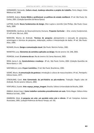 APOSTILA DE ARTE – ARTES VISUAIS – Prof. Garcia Junior 
63 
HERNANDÉZ, Fernando. Cultura visual, mudança educativa e projeto de trabalho. Porto Alegre: Artes Médicas Sul, 2000. 
KUENZER, Acácia. Ensino Médio e profissional: as políticas do estado neoliberal. 3ª ed. São Paulo: Ed. Cortez, 2001. (Coleção Questões da Nossa Época) 
LUPTON, ELLEN. Novos fundamentos do design. Ellen Lupton e Jennifer Cole Phillips. São Paulo: Cosac Naify, 2008. 
MARANHÃO, Gerência de Desenvolvimento Humano. Proposta Curricular – Arte: ensino fundamental, 1ª a 8ª série. São Luís, 2001. 
MARCONI, Marina de Andrade. Técnicas de pesquisa: planejamento e execução de pesquisas, amostragens e técnicas de pesquisas, elaboração, análise e interpretação de dados. 4ª ed. São Paulo: Atlas, 1999. 
MUNARI, Bruno. Design e comunicação visual. São Paulo: Martins Fontes, 1982. 
NIEMEYER, Lucy. Elementos da semiótica aplicados ao design. Rio de Janeiro: Ed. 2AB, 2003. 
PEDROSA, Israel. O universo da cor. Rio de Janeiro: Ed. Senac Nacional, 2003. 
ROSA, Sanny S. da. Construtivismo e mudança . 8ª ed., São Paulo: Cortez, 2002. (Coleção Questões da Nossa época; v. 29). 
SANTANELLA, Lúcia. O que é semiótica. 1ª ed. São Paulo: Brasiliense, 1983. 
SODRÉ, Muniz. A comunicação do grotesco: introdução à cultura de massa brasileira. 6ª ed., Petrópolis: Editora Vozes, 1977. 
STRICKLAND, Carol. Arte Comentada: da pré-história ao pós-moderno. Tradução: Ângela Lobo de Andrade. Rio de Janeiro: Ediouro, 2002. 
VENTURELLI, Suzete. Arte: espaço_tempo_imagem. Brasília: Editora Universidade de Brasília, 2004. 
ZABALA, Antoni (org.). Como trabalhar conteúdos procedimentais em aula. Porto Alegre: Editora Artes Médicas Sul Ltda., 1999. 
ZAMBOINI, Silvio. A pesquisa em arte: um paralelo entre arte e ciência. 2ª ed. Campinas: Autores Associados, 2001. (coleção Polêmicas do Nosso Tempo, vol. 59). 
