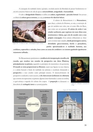 20
A concepção da realidade criativa apoiada e revelada através da liberdade de pensar fundamentou-se
em três conceitos básicos de vida da época: universalidade, antiguidade e humanidade.
O culto à Antiguidade Clássica se reflete em ordem, regularidade e precisão formal. Em reviver
os ideais da cultura greco-romana, ou seja, o renascer do ideal de beleza.
A ciência do Renascimento é o Humanismo,
quer dizer, a ciência do Homem, ou seja, a convicção de
que ele também tem valor, não só como filho de Deus,
mas como um ser pensante. O artista de então é um
criador autônomo, que expressa em suas obras seus
sentimentos e ideias, que cria de acordo com a sua
própria concepção. Essa ciência influenciará as Artes
com os temas mais variados, desde personagens santos,
divindades greco-romanas, heróis e pensadores,
porém aproximando-os à realidade humana, seu
cotidiano, expressões e atitudes, bem como as cenas do cotidiano e os retratos ganharão igualmente
tratamento refinado.
No Renascimento predominou a tendência de interpretação científica do
mundo, que resultou nos estudos da perspectiva nas Artes Plásticas,
principalmente na pintura, seguindo os princípios da matemática e da geometria.
O mundo se torna proporcional ao Homem, sejam suas figuras ou seus objetos,
e o artista buscará a ilusão de realidade nas pinturas e esculturas destacando a
perspectiva e seus estudos como principal recurso. O desenvolvimento da
perspectiva conduzirá a outro recurso, o do claro-escuro (esfumato ou sfumato),
que consiste em representar, na pintura, algumas áreas iluminadas e outras na sombra,
o qual reforça a sugestão de volume dos corpos. A proporção se destacará e a
descoberta do retângulo áureo se tornará popular.
Figura 26- Obra de Palladio
Figura 24 - A criação de Adão - Michelângelo (Capela Sistina)
Figura 25 - Monalisa - Leonardo da
Vinci
 