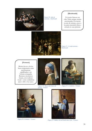31
[Rembrandt]
Foi muito famoso em
vida. Tinha sempre muitas
encomendas. Foi mestre
na arte de retratar, usava a
luz para transmitir clima e
emoção às suas pinturas.
,
[Vermeer]
Mestre da cor e da luz.
Suas composições eram
perfeitamente
equilibradas e em
formato retangular.
Retratava momentos
banais, com realismo
visual – cores verdadeiras
para o olho e luz suave.
,
Figura 54- A leiteira - Vermeer
Figura 53- Moça com brinco de
pérola - Vermeer
Figura 51- A ronda noturna -
Rembrandt
Figura 50- Aula de
anatomia - Rembrandt
Figura 52- A rendeira - Vermeer
Figura 55- Mulher de azul lendo uma carta - Vermeer
 