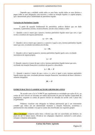 ASSISTENTE ADMINISTRATIVO


         Supondo que a entidade venda todos os seus bens, receba todos os seus direitos e
pague todas as suas obrigações com terceiros, a sobra ou situação líquida é o capital próprio,
que é denominado pela Contabilidade de patrimônio líquido.


Variações do Patrimônio Líquido

      A partir da equação fundamental do patrimônio, pode-se deduzir que em dado
momento, o patrimônio assume, invariavelmente, um dos cinco estados a saber:

1 – Quando o ativo é maior que o passivo, teremos patrimônio líquido maior que zero, o que
revela a existência de riqueza patrimonial.

                                        A = P + PL

2 – Quando o ativo é maior que o passivo e o passivo é igual a zero, teremos patrimônio líquido
maior que zero, revelando inexistência de dívidas.

                                           A = PL

3 – Quando o ativo é igual ao passivo, teremos patrimônio líquido igual a zero, revelando
inexistência de riqueza própria.

                                              A = P

4 - Quando o passivo é maior do que o ativo, teremos patrimônio líquido menor que zero,
revelando má situação financeira e existência de passivo a descoberto.

                                           A + PL = P

5 – Quando o passivo é maior do que o ativo, e o ativo é igual a zero, teremos patrimônio
líquido menor que zero, revelando péssima situação financeira, inexistência de bens e direitos e
somente obrigações.

                                              PL = P



ESTRUTURAÇÃO E CLASSIFICAÇÃO DE GRUPOS DO ATIVO

          De acordo com a Lei nº 6.404/76 que regulamenta as sociedades por ações (S.A.), as
contas do ativo devem ser alocadas em ordem decrescente do grau de liquidez (capacidade de
pagamento), enquanto as contas do passivo devem ser alocadas de acordo com o prazo das
exigibilidades.

         Podemos visualizar esta obrigação no balanço patrimonial que é um instrumento
contábil que indica em um determinado momento a situação financeira, econômica e
patrimonial de uma entidade e no qual as contas são classificadas nos seguintes grupos:


Ativo Circulante: composto pelos bens e direitos que irão ser convertidos em dinheiro, no
prazo de até 12 (doze) meses. Divide-se nos subgrupos: disponível, realizável a curto prazo,
estoques e despesas antecipadas.


                                Cáritas São Pedro Apóstolo
                                                                                    Página 23
 