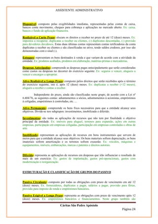 ASSISTENTE ADMINISTRATIVO



Disponível: composto pelas exigibilidades imediatas, representadas pelas contas de caixa,
bancos conta movimento, cheques para cobrança e aplicações no mercado aberto. Ex: caixa,
bancos e fundo de aplicação financeira.

Realizável a Curto Prazo: alocam os direitos a receber no prazo de até 12 (doze) meses. Ex:
impostos a recuperar, duplicatas a receber ou clientes, (-) duplicatas descontadas, (-) provisão
para devedores duvidosos. Estas duas últimas contas representam contas retificadoras da conta
duplicatas a receber ou clientes e são classificadas no ativo, tendo saldos credores, por isso são
demonstradas com o sinal (-).

Estoques: representam os bens destinados à venda e que variam de acordo com a atividade da
entidade. Ex: produtos acabados, produtos em elaboração, matérias-primas e mercadorias.

Despesas Antecipadas: compreende as despesas pagas antecipadamente que serão consideradas
como custos ou despesas no decorrer do exercício seguinte. Ex: seguros a vencer, alugueis a
vencer e encargos a apropriar.

Ativo Realizável a Longo Prazo: composto pelos direitos que serão recebidos após o término
do exercício seguinte, isto é, após 12 (doze) meses. Ex: duplicatas a receber (+12 meses),
aluguéis a receber e contas a receber.

          Independente do prazo, ainda são classificadas neste grupo, de acordo com a Lei nº
6.404/76, as seguintes contas: adiantamentos a sócios, adiantamentos à acionistas, empréstimos
à coligadas, empréstimos à controladas, etc. ...

Ativo Permanente: compreende os bens fixos necessários para que a entidade alcance seus
objetivos. Divide-se nos subgrupos: investimentos, imobilizado e diferido.

Investimentos: são todas as aplicações de recursos que não tem por finalidade o objetivo
principal da entidade. Ex: imóveis para aluguel, terrenos para expansão, ações em outras
empresas, participação em empresas coligadas, participação em empresas controladas e obras de
arte.

Imobilizado: representam as aplicações de recursos em bens instrumentais que servem de
meios para que a entidade alcance seus objetivos. Os bens materiais sofrem depreciação, os bens
imateriais sofrem amortização e os terrenos sofrem exaustão. Ex: veículos, máquinas e
equipamentos, imóveis, embarcações, marcas e patentes e direitos autorais.


Diferido: representa as aplicações de recursos em despesas que irão influenciar o resultado de
mais de um exercício. Ex: gastos de implantação, gastos pré-operacionais, gastos com
modernização e reorganização.


ESTRUTURAÇÃO E CLASSIFICAÇÃO DE GRUPOS DO PASSIVO


Passivo Circulante: composto por todas as obrigações com prazo de vencimento em até 12
(doze) meses. Ex. fornecedores, duplicatas a pagar, salários a pagar, provisão para férias,
provisão para imposto de renda e empréstimos bancários.

Passivo Exigível a Longo Prazo: representa as obrigações com prazo de vencimento após 12
(doze) meses. Ex: empréstimos bancários e financiamentos. Neste grupo também são

                                Cáritas São Pedro Apóstolo
                                                                                      Página 24
 