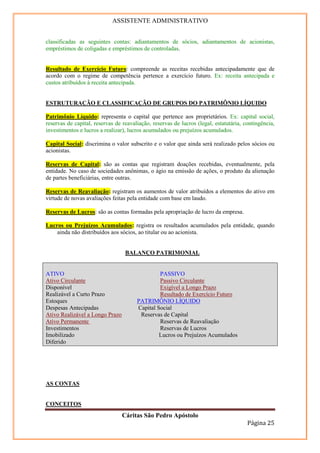 ASSISTENTE ADMINISTRATIVO


classificadas as seguintes contas: adiantamentos de sócios, adiantamentos de acionistas,
empréstimos de coligadas e empréstimos de controladas.


Resultado de Exercício Futuro: compreende as receitas recebidas antecipadamente que de
acordo com o regime de competência pertence a exercício futuro. Ex: receita antecipada e
custos atribuídos à receita antecipada.


ESTRUTURAÇÃO E CLASSIFICAÇÃO DE GRUPOS DO PATRIMÔNIO LÍQUIDO

Patrimônio Líquido: representa o capital que pertence aos proprietários. Ex: capital social,
reservas de capital, reservas de reavaliação, reservas de lucros (legal, estatutária, contingência,
investimentos e lucros a realizar), lucros acumulados ou prejuízos acumulados.

Capital Social: discrimina o valor subscrito e o valor que ainda será realizado pelos sócios ou
acionistas.

Reservas de Capital: são as contas que registram doações recebidas, eventualmente, pela
entidade. No caso de sociedades anônimas, o ágio na emissão de ações, o produto da alienação
de partes beneficiárias, entre outras.

Reservas de Reavaliação: registram os aumentos de valor atribuídos a elementos do ativo em
virtude de novas avaliações feitas pela entidade com base em laudo.

Reservas de Lucros: são as contas formadas pela apropriação de lucro da empresa.

Lucros ou Prejuízos Acumulados: registra os resultados acumulados pela entidade, quando
    ainda não distribuídos aos sócios, ao titular ou ao acionista.


                                  BALANÇO PATRIMONIAL


ATIVO                                           PASSIVO
Ativo Circulante                                Passivo Circulante
Disponível                                      Exigível a Longo Prazo
Realizável a Curto Prazo                        Resultado de Exercício Futuro
Estoques                               PATRIMÔNIO LÍQUIDO
Despesas Antecipadas                   Capital Social
Ativo Realizável a Longo Prazo          Reservas de Capital
Ativo Permanente                                Reservas de Reavaliação
Investimentos                                   Reservas de Lucros
Imobilizado                                     Lucros ou Prejuízos Acumulados
Diferido




AS CONTAS


CONCEITOS
                                 Cáritas São Pedro Apóstolo
                                                                                       Página 25
 