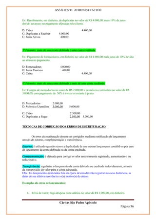ASSISTENTE ADMINISTRATIVO


Ex: Recebimento, em dinheiro, de duplicatas no valor de R$ 4.000,00, mais 10% de juros
devido ao atraso no pagamento efetuado pelo cliente.

D: Caixa                                             4.400,00
C: Duplicatas a Receber        4.000,00
C: Juros Ativos                 400,00



3º Fórmula: mais de uma conta debitada e uma conta creditada.

Ex: Pagamento de fornecedores, em dinheiro no valor de R$ 4.000,00 mais juros de 10% devido
ao atraso no pagamento.

D: Fornecedores                 4.000,00
D: Juros Passivos                 400,00
C: Caixa                                             4.400,00


4º Fórmula: mais de uma conta debitada e mais de uma conta creditada.

Ex: Compra de mercadorias no valor de R$ 2.000,00 e de móveis e utensílios no valor de R$
3.000,00, com pagamento de 50% à vista e o restante à prazo.


D: Mercadorias            2.000,00
D: Móveis e Utensílios    3.000,00        5.000,00

C: Caixa                                  2.500,00
C: Duplicatas a Pagar                     2.500,00 5.000,00


TÉCNICAS DE CORREÇÃO DOS ERROS DE ESCRITURAÇÃO


        Os erros de escrituração devem ser corrigidos mediante retificação de lançamento
através de estorno, complementação e transferência.

Estorno: é utilizado quando ocorre a duplicidade de um mesmo lançamento contábil ou por erro
de lançamento da conta debitada ou da conta creditada.

Complementação: é efetuada para corrigir o valor anteriormente registrado, aumentando-o ou
reduzindo-o.

Transferência: regulariza o lançamento da conta debitada ou creditada indevidamente, através
da transposição do valor para a conta adequada.
Obs.: Os lançamentos realizados fora da época devida deverão registrar nos seus históricos, as
datas de sua efetiva ocorrência e o(s) motivo(s) do atraso.

Exemplos de erros de lançamentos:


    1- Erros de valor: Pago despesa com salários no valor de R$ 2.000,00, em dinheiro.


                               Cáritas São Pedro Apóstolo
                                                                                    Página 36
 