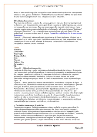 ASSISTENTE ADMINISTRATIVO


Alias, os itens estocáveis podem ser organizados em estruturas mais elaboradas, como veremos
adiante na série, quando abordarmos o Padrão Descritivo de Materiais (PDM), mas para efeito
de uma identificação preliminar, essas categorias nos serão suficientes.

d.Cadeia de abastecimento
Para intervir e melhorar a Logística das empresas, primeiro é preciso descrever e compreendê-
la. Fazemos isso, frequentemente, com o apoio de um esquema da malha logística, que consiste
em um desenho que representa o fluxo e a armazenagem dos materiais e informações. Nesse
esquema usualmente procuramos incluir todas as informações relevantes (origens, “leadtimes”,
coberturas,“checkpoints”, etc…), valendo-se de uma simbologia universal (figura 1.1), que
será utilizada na sequencia dessa série de artigos. Espera Operação Inspeção Armazenagem
Transporte
Figura 1.1 – Simbologia padronizada para representação de fluxos logísticos. Julgamos que o
maior benefício da malha logística é a visibilidade das informações, base para análises, debates
e modelagem de uma ou mais soluções. Se houverem várias soluções, denominamos cada
configuração como um cenário alternativo.

Canais
Indústria
Consumidor
Exportação
Transportadora
Loja
Atacado
Auto-serviço
Fornecedores
CD
Figura 1.2 – Malha Logística genérica
Na Gestão de Materiais, a malha logística contribui na identificação das origens e destinos de
cada item que está sendo administrado, de forma que podemos avaliar as posições estratégicas
dos estoques, estabelecendo políticas de cobertura e minimizando redundâncias, enquanto
agilizamos o abastecimento e a distribuição. Podemos, inclusive, realizar um “zoom”
focalizando um depósito qualquer dentro da cadeia de abastecimento, como representado pela
figura 1.3:
Figura 1.3 – Fluxo genérico do material em um depósito.Visualizando o conjunto da figura 1.3
como um sistema, observamos que todo e qualquer item armazenado em um depósito apresenta
transações de entrada, transações de saída e saldos resultantes dessas movimentações.
Naturalmente, a denominação genérica “entrada” depende do contexto, isto é, quando nos
referimos a uma matéria-prima, as entradas são as documentadas por notas fiscais - por
exemplo - enquanto para um produto acabado o registro é realizado com uma folha de produção
ou documento equivalente. Os softwares de gestão de estoques mantém obrigatoriamente os
registros de todas as movimentações através de apontamentos nos coletores de dados,
confirmações e/ou digitações, servindo como base de dados para os levantamentos, análises e
parametrizações que estaremos propondo nos próximos artigos.

e. Envolvidos com a gestão de materiais
Enquanto tratávamos da finalidade dos estoques, talvez tenha lhe ocorrido quem, afinal de
contas, são as entidades envolvidas com os estoques. De fato, o propósito dos estoques é
beneficiar alguém, sejam pessoas ou organizações.Recomendamos que o responsável pela
gestão de materiais identifique preliminarmente todos os envolvidos (“stakeholders”), buscando
conhecer suas necessidades e expectativas específicas, para daí procurar atendê-las
adequadamente, sem esquecer-se de elaborar um plano de comunicação (que informações
distribuir, para quem e quando). A seguir relacionamos as mais usuais entidades envolvidas,


                                Cáritas São Pedro Apóstolo
                                                                                     Página 58
 