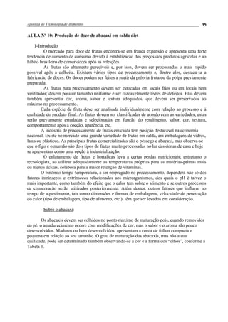 Apostila de Tecnologia de Alimentos
AULA No
10: Produção de doce de abacaxi em calda diet
1-Introdução
O mercado para doce de frutas encontra-se em franca expansão e apresenta uma forte
tendência de aumento de consumo devido à estabilização dos preços dos produtos agrícolas e ao
hábito brasileiro de comer doces após as refeições.
As frutas são altamente perecíveis e, por isso, devem ser processadas o mais rápido
possível após a colheita. Existem vários tipos de processamento e, dentre eles, destaca-se a
fabricação de doces. Os doces podem ser feitos a partir da própria fruta ou da polpa previamente
preparada.
As frutas para processamento devem ser estocadas em locais frios ou em locais bem
ventilados; devem possuir tamanho uniforme e ser razoavelmente livres de defeitos. Elas devem
também apresentar cor, aroma, sabor e textura adequados, que devem ser preservados ao
máximo no processamento.
Cada espécie de fruta deve ser analisada individualmente com relação ao processo e à
qualidade do produto final. As frutas devem ser classificadas de acordo com as variedades; estas
serão previamente estudadas e selecionadas em função do rendimento, sabor, cor, textura,
comportamento após a cocção, aparência, etc.
A indústria de processamento de frutas em calda tem posição destacável na economia
nacional. Existe no mercado uma grande variedade de frutas em calda, em embalagens de vidros,
latas ou plásticos. As principais frutas comercializadas são o pêssego e abacaxi, mas observa-se
que o figo e o mamão são dois tipos de frutas muito processadas no lar das donas de casa e hoje
se apresentam como uma opção à industrialização.
O enlatamento de frutas e hortaliças leva a certas perdas nutricionais; entretanto o
tecnologista, ao utilizar adequadamente as temperaturas próprias para as matérias-primas mais
ou menos ácidas, colabora para a maior retenção de vitaminas.
O binômio tempo-temperatura, a ser empregado no processamento, dependerá não só dos
fatores intrínsecos e extrínsecos relacionados aos microrganismos, dos quais o pH é talvez o
mais importante, como também do efeito que o calor tem sobre o alimento e se outros processos
de conservação serão utilizados posteriormente. Além destes, outros fatores que influem no
tempo de aquecimento, tais como dimensões e formas de embalagens, velocidade de penetração
do calor (tipo de embalagem, tipo de alimento, etc.), têm que ser levados em consideração.
Sobre o abacaxi:
Os abacaxis devem ser colhidos no ponto máximo de maturação pois, quando removidos
do pé, o amadurecimento ocorre com modificações de cor, mas o sabor e o aroma são pouco
desenvolvidos. Maduros ou bem desenvolvidos, apresentam a coroa de folhas compacta e
pequena em relação ao seu tamanho. O grau de maturação dos abacaxis, mas não a sua
qualidade, pode ser determinado também observando-se a cor e a forma dos “olhos”, conforme a
Tabela 1.
35
 