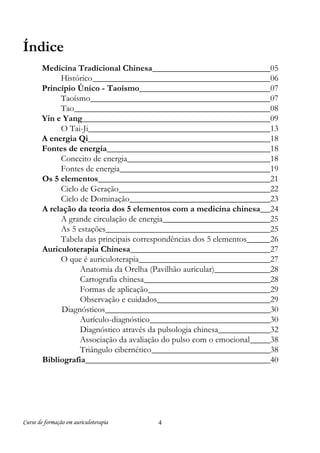 Índice
Medicina Tradicional Chinesa
Histórico
Princípio Único - Taoísmo
Taoísmo
Tao
Yin e Yang
O Tai-Ji
A energia Qi
Fontes de energia
Conceito de energia
Fontes de energia
Os 5 elementos
Ciclo de Geração
Ciclo de Dominação
A relação da teoria dos 5 elementos com a medicina chinesa
A grande circulação de energia
As 5 estações
Tabela das principais correspondências dos 5 elementos
Auriculoterapia Chinesa
O que é auriculoterapia
Anatomia da Orelha (Pavilhão auricular)
Cartografia chinesa
Formas de aplicação
Observação e cuidados
Diagnósticos
Aurículo-diagnóstico
Diagnóstico através da pulsologia chinesa
Associação da avaliação do pulso com o emocional
Triângulo cibernético
Bibliografia

Curso de formação em auriculoterapia

4

05
06
07
07
08
09
13
18
18
18
19
21
22
23
24
25
25
26
27
27
28
28
29
29
30
30
32
38
38
40

 