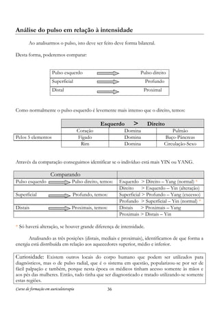 Curso de formação em auriculoterapia 36
Análise do pulso em relação à intensidade
Ao analisarmos o pulso, isto deve ser feito deve forma bilateral.
Desta forma, poderemos comparar:
Pulso esquerdo Pulso direito
Superficial Profundo
Distal Proximal
Como normalmente o pulso esquerdo é levemente mais intenso que o direito, temos:
Esquerdo > Direito
Coração Domina Pulmão
Pelos 5 elementos Fígado Domina Baço-Pâncreas
Rim Domina Circulação-Sexo
Através da comparação conseguimos identificar se o indivíduo está mais YIN ou YANG.
Comparando
Pulso esquerdo Pulso direito, temos: Esquerdo > Direito – Yang (normal) *
Direito > Esquerdo – Yin (alteração)
Superficial Profundo, temos: Superficial > Profundo – Yang (excesso)
Profundo > Superficial – Yin (normal) *
Distais Proximais, temos: Distais > Proximais – Yang
Proximais > Distais – Yin
* Só haverá alteração, se houver grande diferença de intensidade.
Analisando as três posições (distais, mediais e proximais), identificamos de que forma a
energia está distribuída em relação aos aquecedores superior, médio e inferior.
Curiosidade: Existem outros locais do corpo humano que podem ser utilizados para
diagnósticos, mas o de pulso radial, que é o sistema em questão, popularizou-se por ser de
fácil palpação e também, porque nesta época os médicos tinham acesso somente às mãos e
aos pés das mulheres. Então, tudo tinha que ser diagnosticado e tratado utilizando-se somente
estas regiões.
 