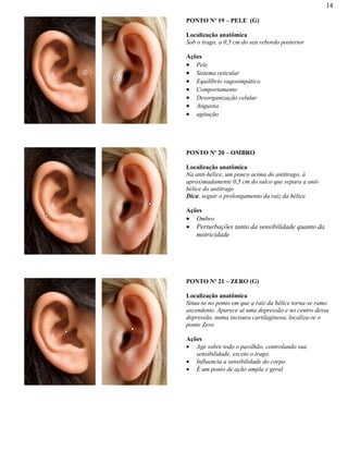 14
PONTO Nº 19 – PELE (G)
Localização anatômica
Sob o trago, a 0,5 cm do seu rebordo posterior
Ações
Pele
Sistema reticular
Equilíbrio vagosimpático
Comportamento
Desorganização celular
Angustia
agitação
PONTO Nº 20 – OMBRO
Localização anatômica
Na anti-hélice, um pouco acima do antítrago, à
aproximadamente 0,5 cm do sulco que separa a anti-
hélice do antítrago
Dica: seguir o prolongamento da raiz da hélice
Ações
Ombro
Perturbações tanto da sensibilidade quanto da
motricidade
PONTO Nº 21 – ZERO (G)
Localização anatômica
Situa-se no ponto em que a raiz da hélice torna-se ramo
ascendente. Aparece ai uma depressão e no centro dessa
depressão, numa incisura cartilaginosa, localiza-se o
ponto Zero
Ações
Age sobre todo o pavilhão, controlando sua
sensibilidade, exceto o trago.
Influencia a sensibilidade do corpo
É um ponto de ação ampla e geral
 