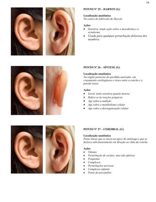 16
PONTO Nº 25 – DARWIN (G)
Localização anatômica
No centro do tubérculo de Darwin
Ações
Sensitiva, tendo ação sobre a mesoderma e a
ectoderma
Usada para qualquer perturbação dolorosa dos
membros
PONTO Nº 26 – SÍNTESE (G)
Localização anatômica
Na região posterior do pavilhão auricular, em
cruzamento cartilaginoso e ósseo entre a concha e a
parede óssea.
Ações
Geral, tanto sensitiva quanto motora
Refere-se às reações psíquicas
Age sobre a audição
Age sobre o metabolismo celular
Age sobre a desorganização celular
PONTO Nº 27 – CEREBRAL (G)
Localização anatômica
Ponto linear que se inicia no ápice do antítrago e que se
desloca subcutaneamente em direção ao chão da concha
Ações
Tálamo
Perturbação de caráter, mas não afetivas
Psiquismo
Complexos
Perturbações nervosas
Complexos infantis
Ponto de psicanálise
 