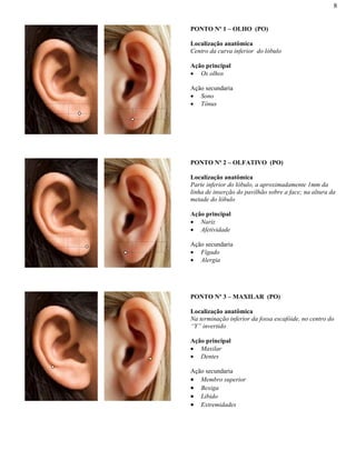 8
PONTO Nº 1 – OLHO (PO)
Localização anatômica
Centro da curva inferior do lóbulo
Ação principal
Os olhos
Ação secundaria
Sono
Tônus
PONTO Nº 2 – OLFATIVO (PO)
Localização anatômica
Parte inferior do lóbulo, a aproximadamente 1mm da
linha de inserção do pavilhão sobre a face; na altura da
metade do lóbulo
Ação principal
Nariz
Afetividade
Ação secundaria
Fígado
Alergia
PONTO Nº 3 – MAXILAR (PO)
Localização anatômica
Na terminação inferior da fossa escafóide, no centro do
“Y” invertido
Ação principal
Maxilar
Dentes
Ação secundaria
Membro superior
Bexiga
Libido
Extremidades
 