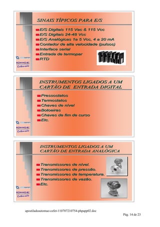 SINAIS TÍPICOS PARA E/S

       s E/S  Digitais 115 Vac & 115 Vcc
       s E/S Digitais 24-48 Vcc
                       24-
       s E/S Analógicas 1a 5 Vcc, 4 a 20 mA
                               Vcc,
       s Contador de alta velocidade (pulsos)
       s Interface serial
       s Entrada de termopar
       s RTD




         INSTRUMENTOS LIGADOS A UM
         CARTÃO DE ENTRADA DIGITAL
        s Pressostatos
        s Termostatos
        s Chaves  de nível
        s Botoeiras
        s Chaves de fim de curso
        s Etc.




          INSTRUMENTOS LIGADOS A UM
          CARTÃO DE ENTRADA ANALÓGICA


       s Transmissores de           nível.
       s Transmissores de           pressão.
       s Transmissores de           temperatura.
       s Transmissores de           vazão.
       s Etc.




apostiladeautomao-cefet-110707210754-phpapp02.doc
                                                    Pág. 14 de 23
 