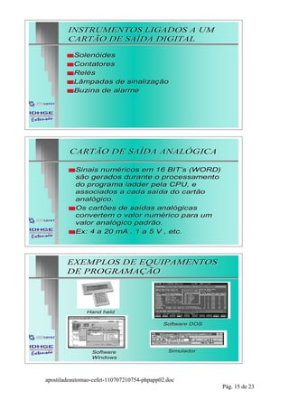 INSTRUMENTOS LIGADOS A UM
        CARTÃO DE SAÍDA DIGITAL

        s Solenóides
        s Contatores
        s Relés
        s Lâmpadas  de sinalização
        s Buzina de alarme




         CARTÃO DE SAÍDA ANALÓGICA

        s Sinais numéricos em 16 BIT’s (WORD)
          são gerados durante o processamento
          do programa ladder pela CPU, e
          associados a cada saída do cartão
          analógico.
        s Os cartões de saídas analógicas
          convertem o valor numérico para um
          valor analógico padrão.
        s Ex: 4 a 20 mA , 1 a 5 V , etc.




        EXEMPLOS DE EQUIPAMENTOS
        DE PROGRAMAÇÃO




               Hand held

                                            Software DOS




                 Software                     Simulador
                 Windows




apostiladeautomao-cefet-110707210754-phpapp02.doc
                                                           Pág. 15 de 23
 