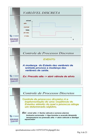 VARIÁVEL DISCRETA

            nível
         alto

         normal

           Vdc
        24 Vdc

         0 Vdc

                                                          t




        Controle de Processos Discretos

                              EVENTO

        A mudança do Estado das variáveis de
          entrada provoca a mudança das
          variáveis de saída.

        Ex: Pressão alta -> abrir válvula de alívio




        Controle de Processos Discretos
       Controle de processos discretos é a
        implementação de uma Seqüência de
        Eventos através do qual o processo atinge
        um determinado objetivo.

       Ex:  nível alto -> fecha válvula e aciona alarme
           botoeira acionada -> liga bomba e acende lâmpada
           temperatura ou pressão alta -> abre válvula e desliga
          aquecedor




apostiladeautomao-cefet-110707210754-phpapp02.doc
                                                              Pág. 6 de 23
 