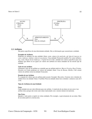 Banco de Dados I
Curso: Ciências da Computação – UCG V0 Prof: Ivon Rodrigues Canedo
10
1.3. Atributos
São partes específicas de uma determinada entidade. São as informações que caracterizam a entidade.
Exemplos de Atributos
Poderiam ser atributos de uma entidade Aluno: nome, número da matrícula, cpf, data de ingresso no
curso, endereço, telefone e data de nascimento. Uma entidade Fornecedor poderia Ter como atributos:
Cgc, nome, Razão Social, Endereço, e Capital Social. Cada entidade tem valores específicos para seus
atributos que diferir ou ser iguais aos valores dos atributos de outras entidades de um mesmo tipo de
entidade.
Valor de um Atributo
Chamamos valor de um atributo ao conteúdo que um atributo pode ter. Marcos Ferreira, Rosa Cristina,
Deusdete da Cunha poderiam ser valores da entidade Aluno. Casa do Barata, Mesbla, C&A seriam
valores do atributo nome da entidade Fornecedor.
Domínio de um Atributo
É o conjunto de valores que um atributo pode assumir. Exemplo: Masculino, Feminino são o domínio do
atributo Sexo da entidade Aluno. O atributo Nota da entidade aluno tem o domínio: {números reais de 0
a 10).
Tipos de Atributos de uma Entidade
Único
Cada entidade tem um valor diferente para este atributo. A matrícula de um aluno em um curso é um
atributo único porque não existe outro aluno matriculado com o mesmo número de matrícula.
Não-Único
Quando o valor pode se repetir em várias entidades. Por exemplo, o aproveitamento de um aluno. Mais
de um aluno pode ter a mesma nota.
N N
1 1
ALUNO
# Matrícula
Nome
Sexo
DISCIPLINA
# Código
Nome
APROVEITAMENTO
Nota
Data da avaliação
 