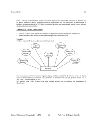 Banco de Dados I
Curso: Ciências da Computação – UCG V0 Prof: Ivon Rodrigues Canedo
29
Como a entidade não tem nenhum atributo com valores repetidos ela está na 1FN. Entretanto os atributos data
do pedido, número do pedido, quantidade pedida e valor unitário não são dependentes do identificador da
entidade, portanto ela não está na 2FN. Para normalizá-la devemos criar uma entidade auxiliar com os atributos
não dependentes do identificador.
Verificação da Terceira Forma Normal
• Verificar se existe algum atributo não identificador dependente de outro atributo não identificador.
• Retirar os atributos não identificadores dependentes para uma entidade auxiliar.
Exemplo:
Verificar se a entidade abaixo está na terceira forma normal.
Valor Número do
Unitário Cliente
Quantidade Nome do
Pedida Data do Cliente
Pedido
Número do Limite de
Pedido Crédito
PEDIDO
Não existe nenhum atributo com valores repetidos logo a entidade está na 1FN. Os atributos número do cliente,
nome do cliente e limite de crédito não são dependentes do identificador da entidade, portanto ela não está na
2FN. Logo a entidade não está na 3FN.
Para passá-la para a 2FN devemos criar uma entidade auxiliar com os atributos não dependentes do
identificador.
 